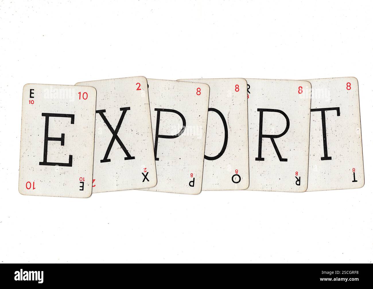 Vintage-Wortspiel-Spielkarten, die EXPORT auf weißem Hintergrund schreiben. Stockfoto