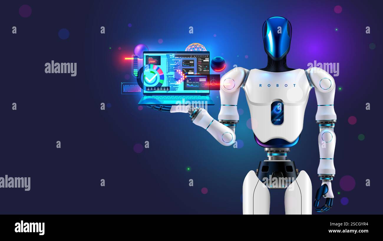 KI-Bot-Programmiergerät mit Laptop mit Codeprogrammen auf dem Bildschirm. Coder für künstliche Intelligenz. Roboterprogrammierer. Softwareentwicklungstechnologie. KI-Chat Stock Vektor