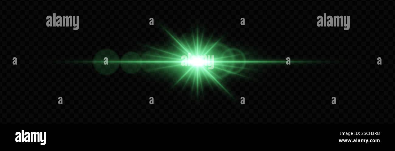 Hellgrüne Linsenblende mit Strahlungsstrahlen und Lichtringen auf dunklem, transparentem Hintergrund. Horizontaler Lichteffekt symbolisiert Beleuchtung, Energie, Stock Vektor