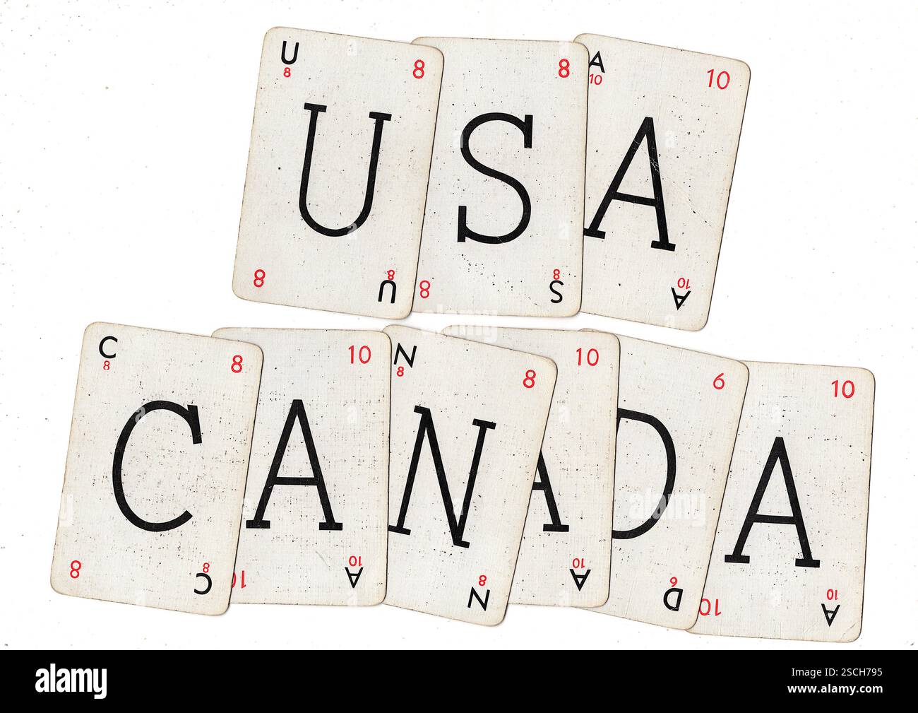 Vintage-Wortspiel-Karten, die USA und KANADA auf weißem Hintergrund buchstabieren. Stockfoto