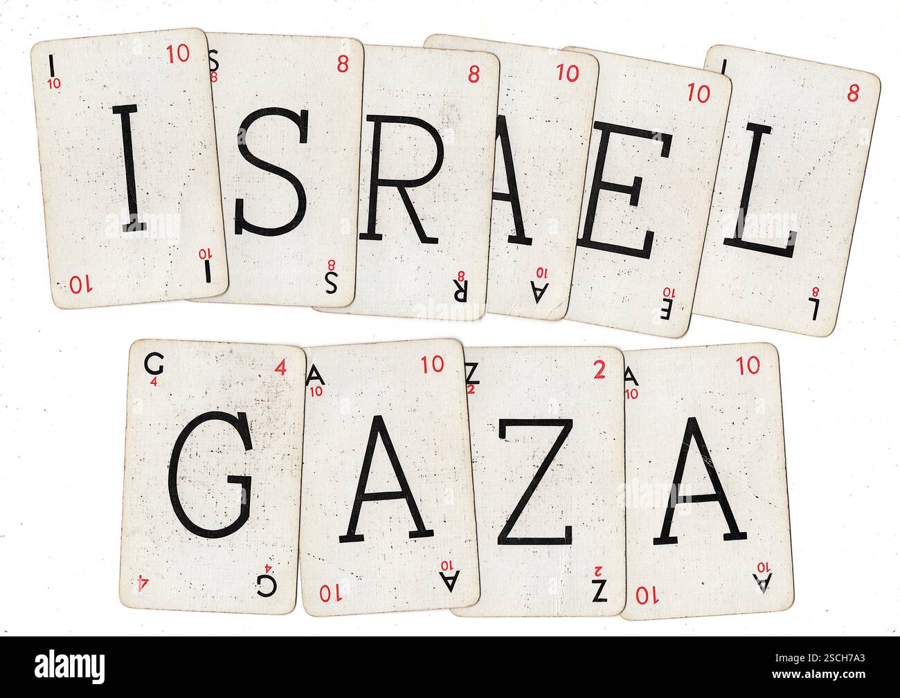 Vintage-Wortspiel-Karten, die ISRAEL und GAZA auf weißem Hintergrund buchstabieren. Stockfoto