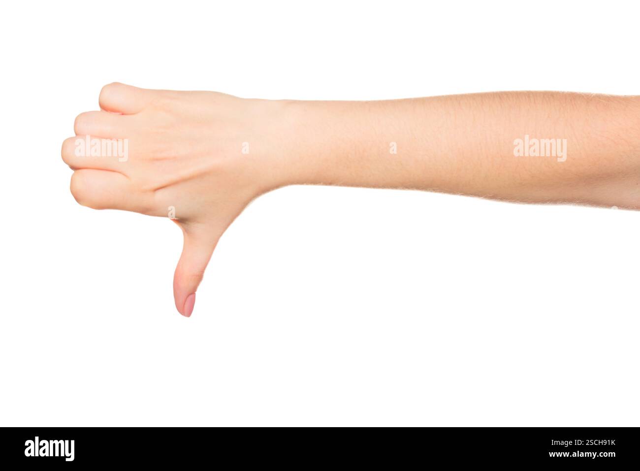 Handgeste, die Missbilligung auf einem schlichten Hintergrund in neutraler Umgebung zum Ausdruck bringt Stockfoto