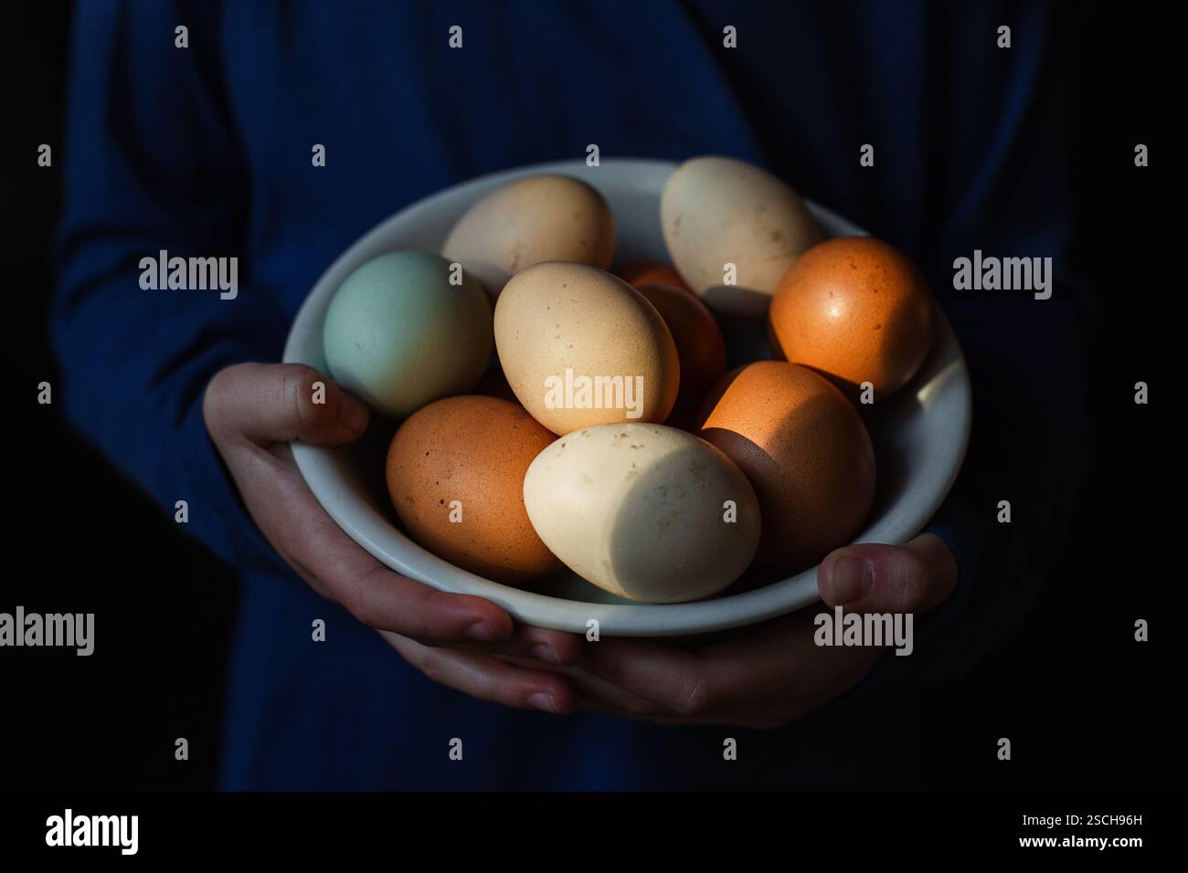 Kind hält eine Schüssel mit frischen Eiern Stockfoto