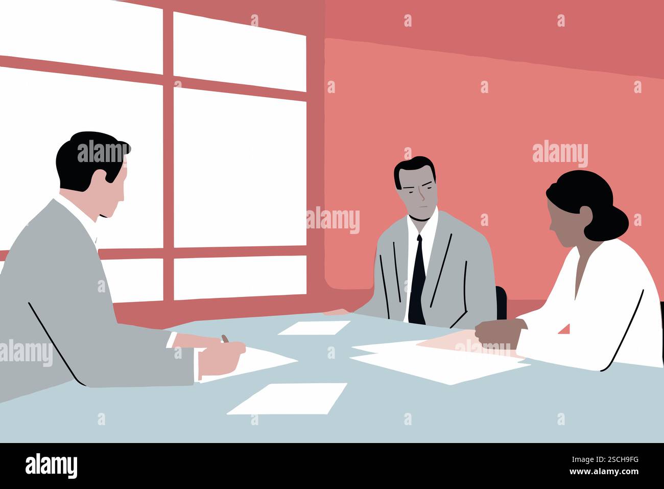 Drei Fachleute nehmen an einem strategischen Meeting in einem eleganten Büro Teil, bei dem sie zukünftige Projekte in Form von Papierkram skizzieren und gleichzeitig Erkenntnisse und Ideen austauschen. Stockfoto