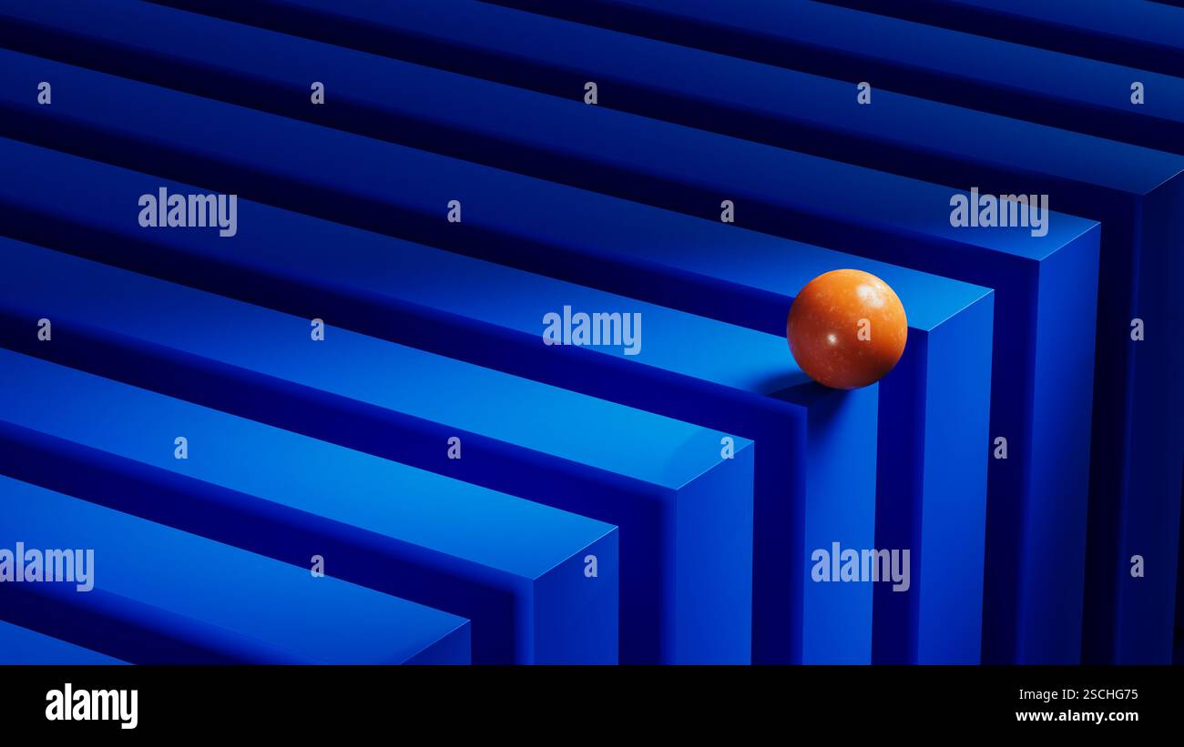 Eine orangefarbene Kugel ruht auf einer Reihe von blauen geometrischen Formen, die eine ansprechende abstrakte Komposition mit lebendigen Farben und dynamischen Formen schaffen. Stockfoto