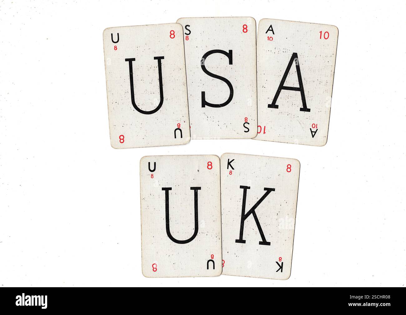 Vintage-Wortspiel-Karten, die USA und Großbritannien auf weißem Hintergrund buchstabieren. Stockfoto