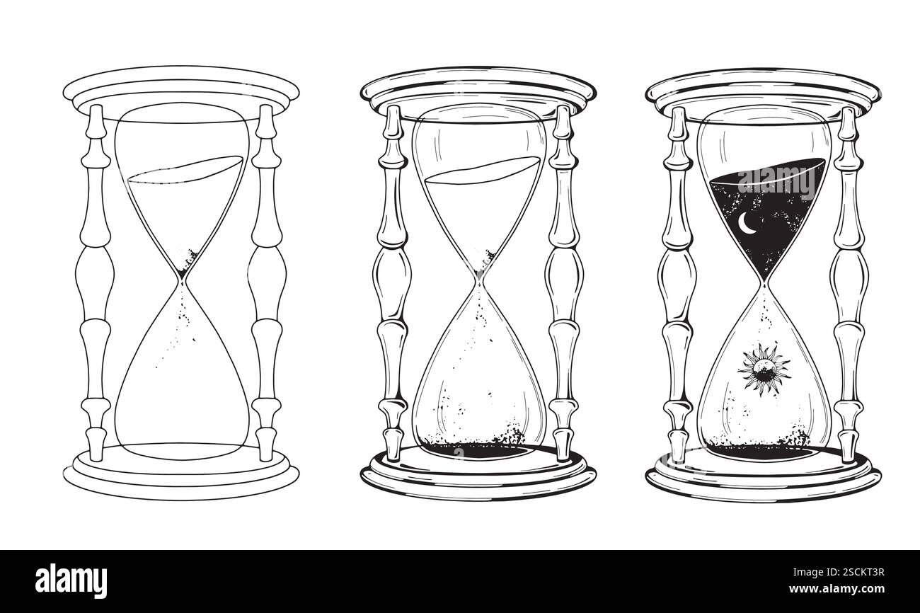 Set aus Sanduhr mit Naturelement innen - Mond und Sonne. Schwarz-weiß Hand gezeichnete Skizze Vektor Illustration isoliert auf weißem Hintergrund, Sand Stock Vektor