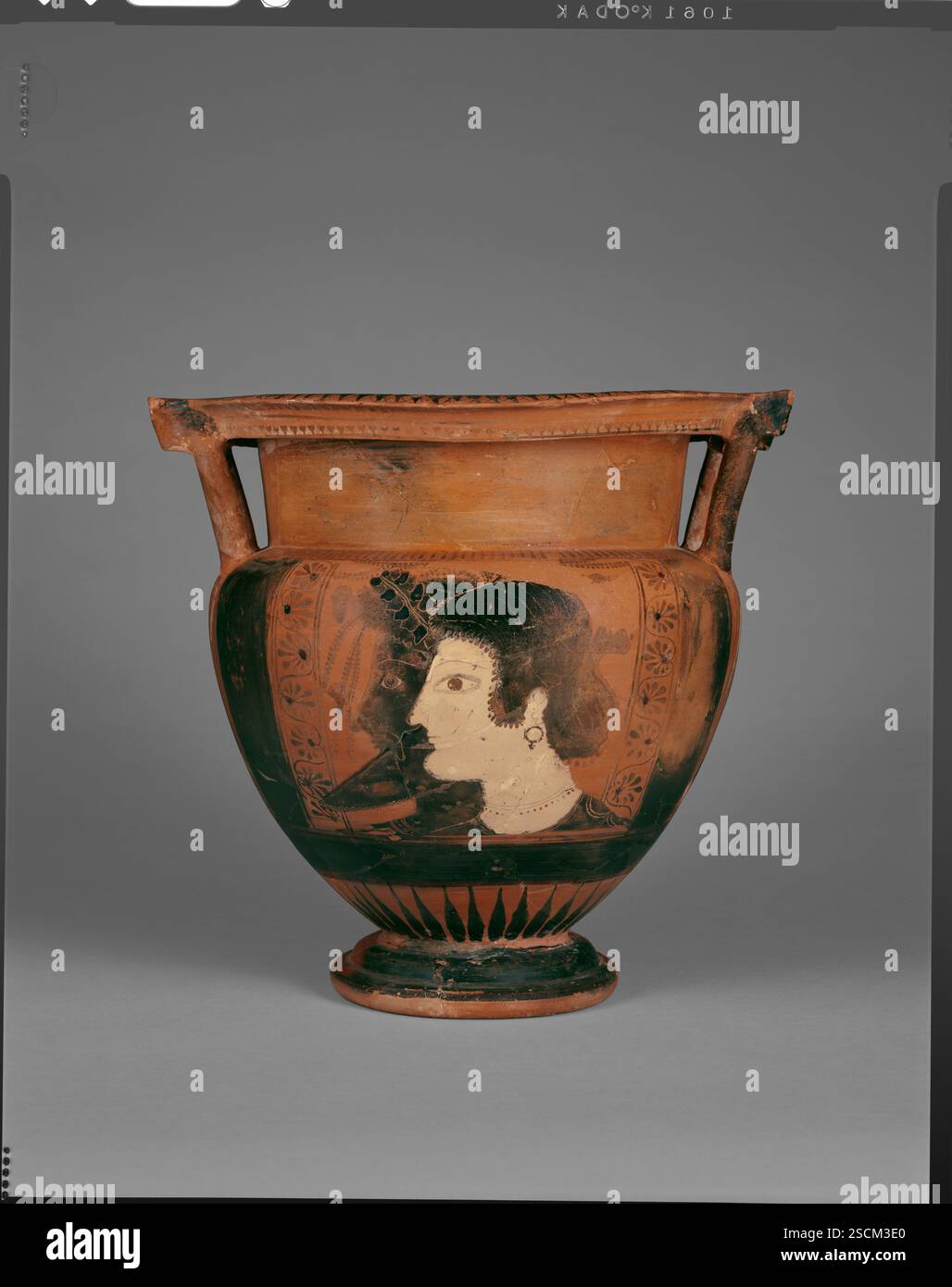 Schwarzfigurenkrater auf dem Dachboden, ca. 530 v. Chr. Zusätzliche Informationen: Seite A: Zwei große Profilköpfe nach links (Dionysos und Ariadne). Seite B: Europa und der Stier. Große Teile der Vase wurden falsch abgefeuert. Der Innenraum ist schwarz, mit Ausnahme des unteren Bereichs. Der Rand ist mit hängenden Lotusknospenketten mit Punkten in den Zwischenräumen verziert. Über den Griffen befinden sich Palmetten mit flankierenden Spiralrollen und zwei Punkten, die den mittleren Frond umgeben. Unterhalb des Feldes befindet sich eine Efeukette, während an der Schulter ein Zungenmuster an zwei Seiten angebracht ist. Unter den dargestellten Szenen sind rote Bänder um A herum Stockfoto
