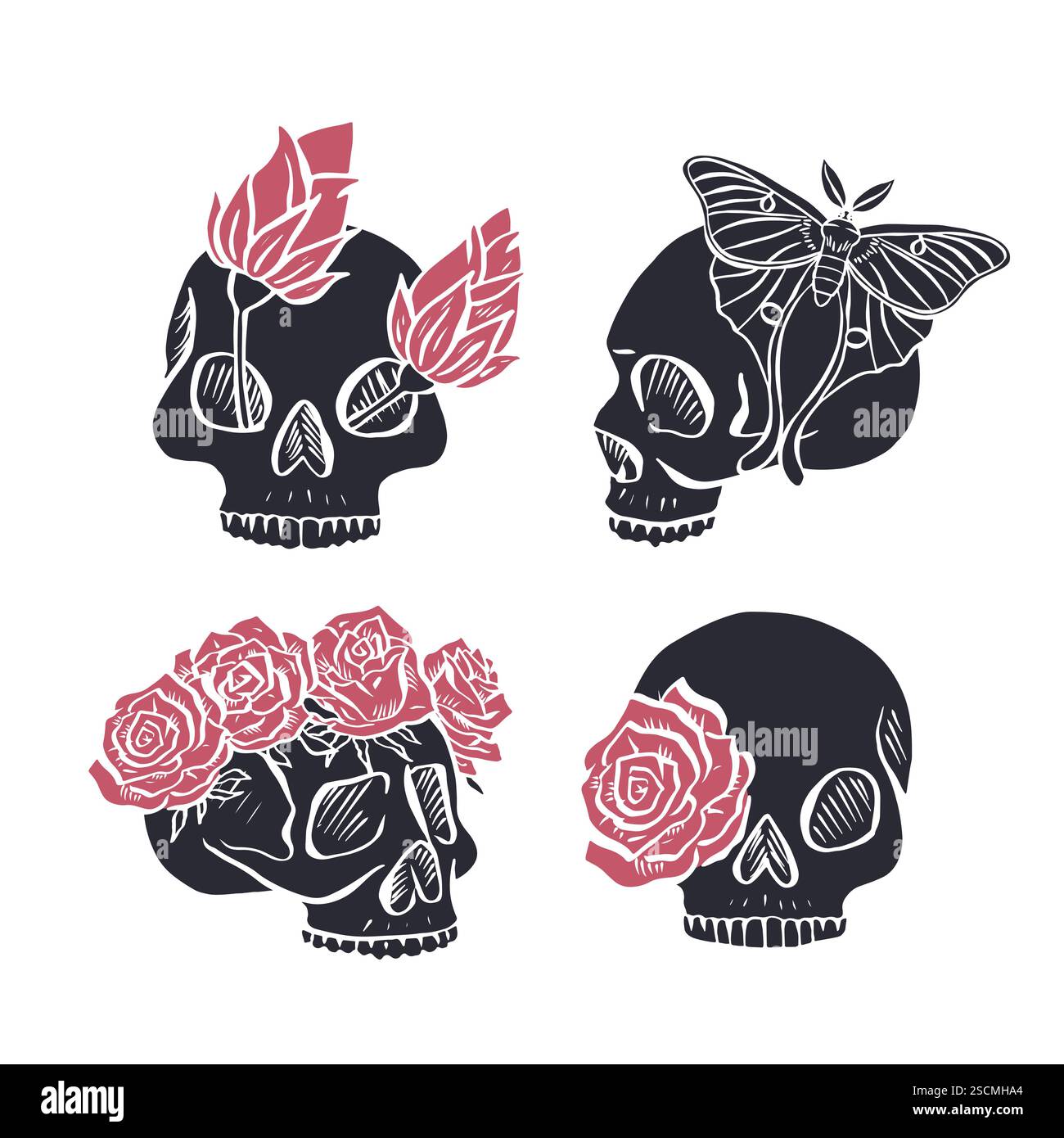 Hand gezeichneter inky blumiger menschlicher Schädel mit Rose in den Augen Silhouetten isoliert auf weißem Hintergrund Stock Vektor