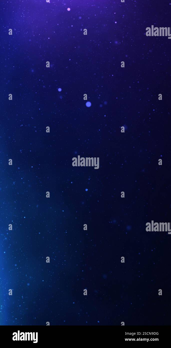 Geheimnisvolle Partikel, die durch einen dunkelblauen und violetten Nebel gleiten, wunderschön in 3D dargestellt, evozieren die Wunder des Kosmos Stockfoto