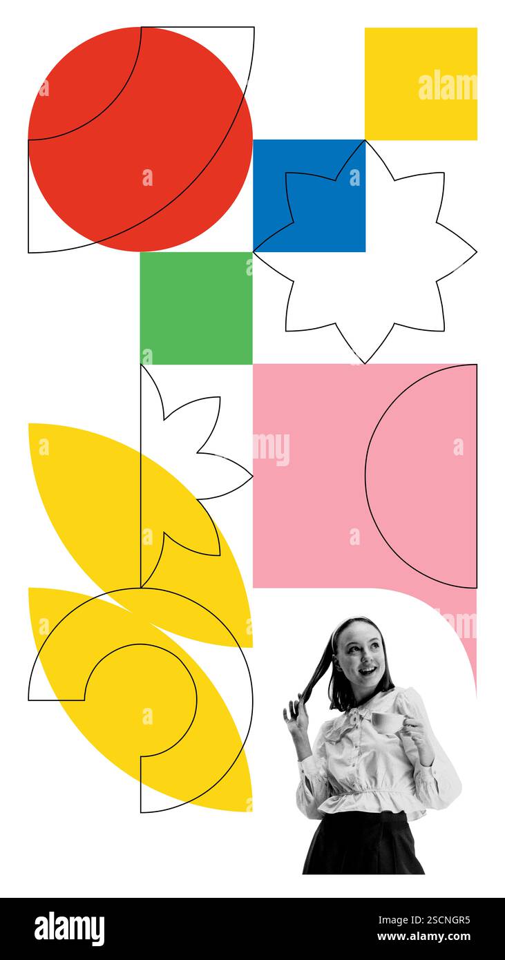 Frau in Vintage-Kleidung, die eine Kaffeetasse hält, umgeben von farbenfrohen geometrischen Sprechblasen, die Kreativität und Geschichtenerzählen symbolisieren Stockfoto