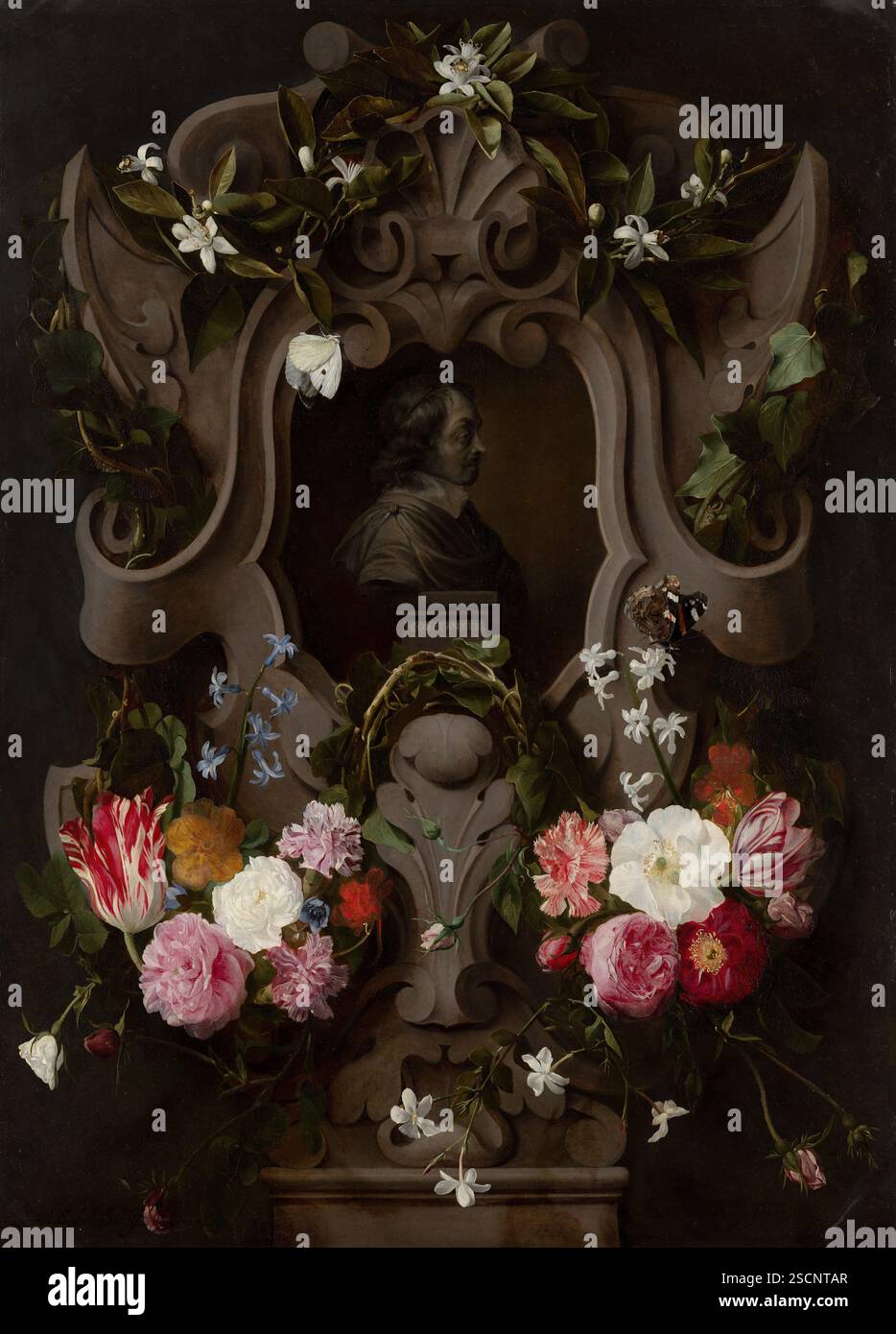 Büste von Constantijn Huygens umgeben von einer Blumengirlande (1596&#x2013;1687), 1644. Stockfoto
