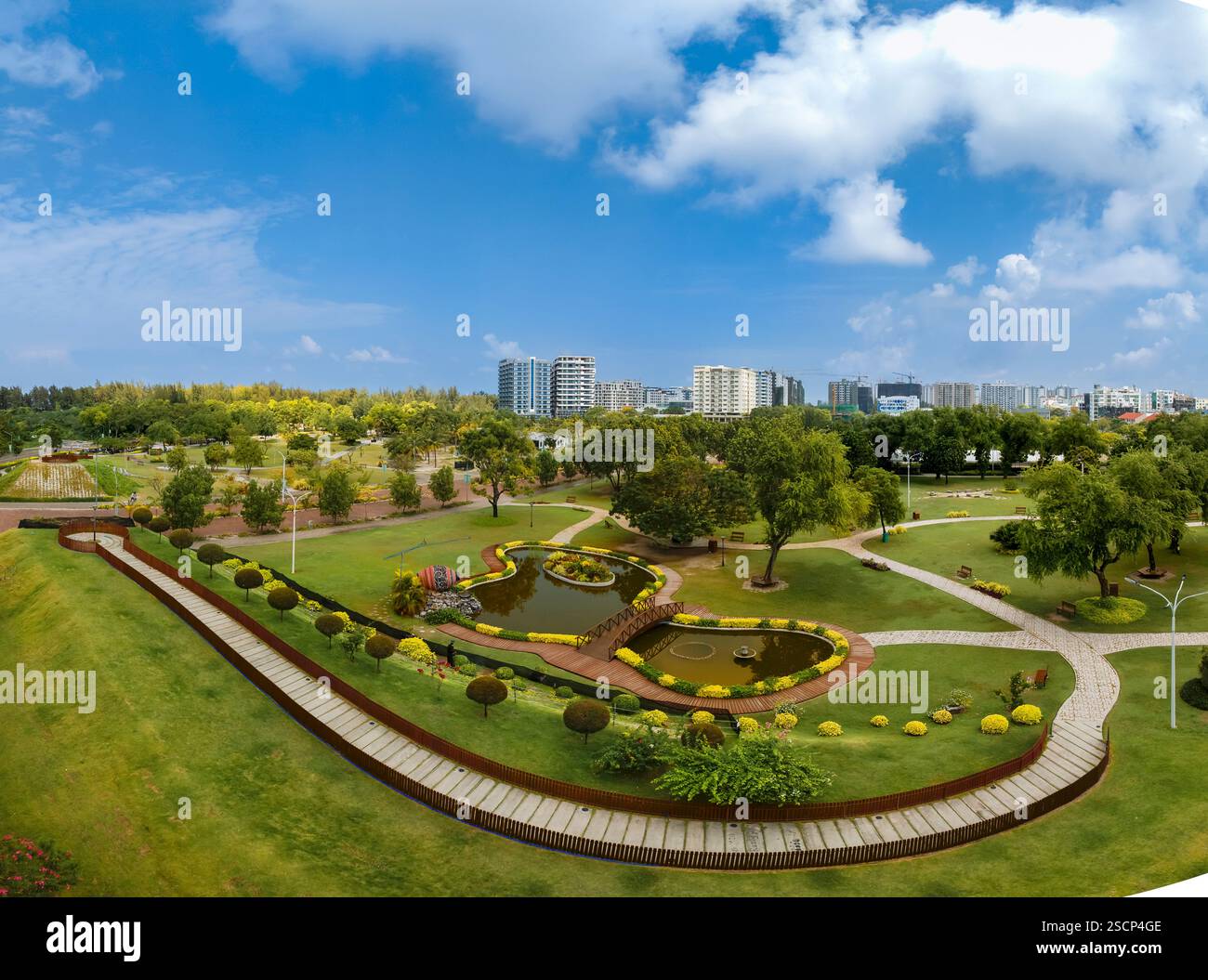 Luftaufnahmen über den zentralen Park von Hulhumale. Hauptstadt der Malediven Stockfoto