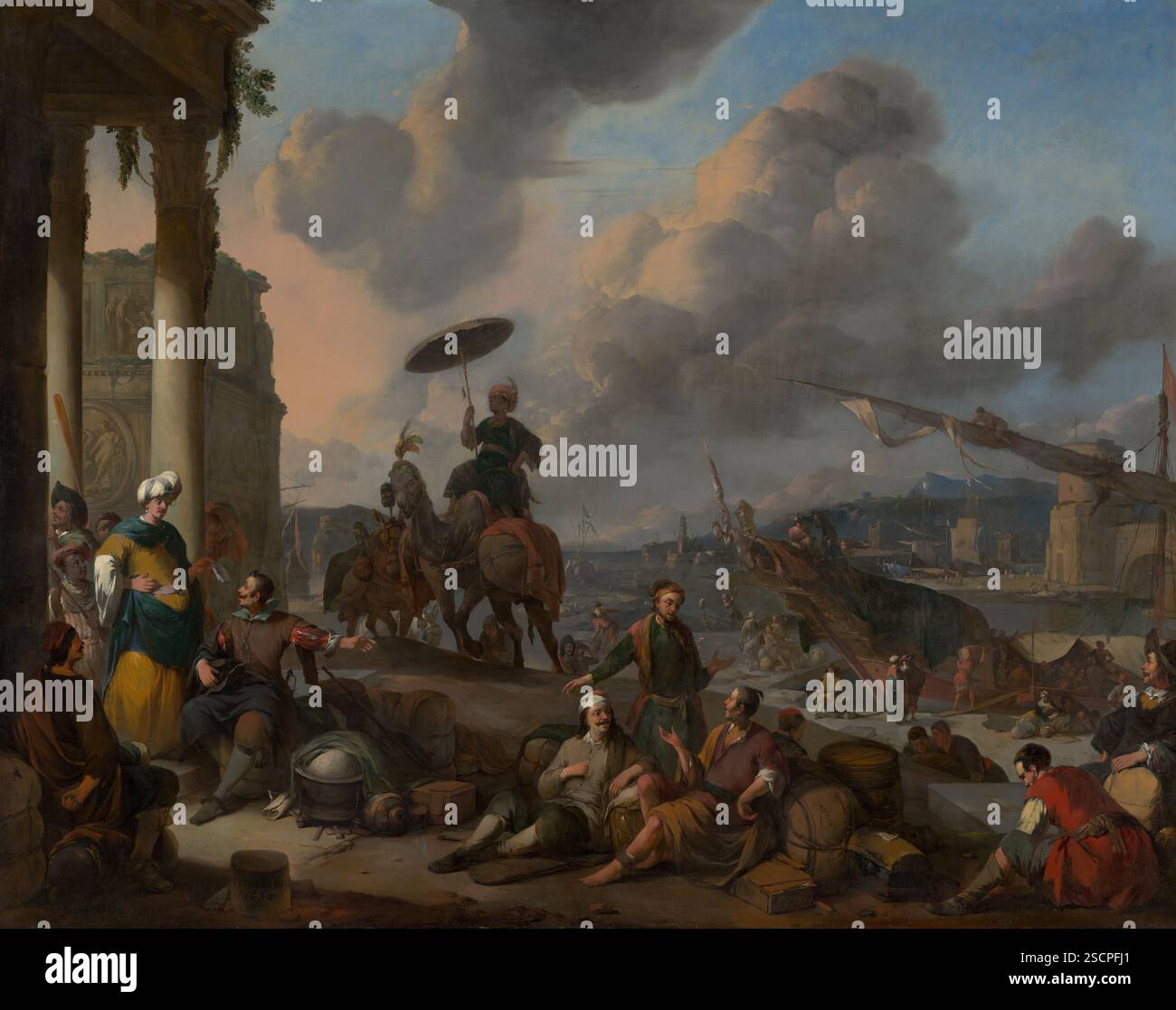 Hafen am Mittelmeer. Der deutsche Künstler Lingelbach zog früh mit seiner Familie nach Amsterdam, lebte aber auch mehrere Jahre in Rom. Nach seiner Rückkehr nach Amsterdam schuf er dieses Gemälde etwa zwanzig Jahre später. Es ist eine imaginäre Szene eines Mittelmeerhafens mit exotischen Figuren, einem Kamel und klassischer Architektur. Stockfoto