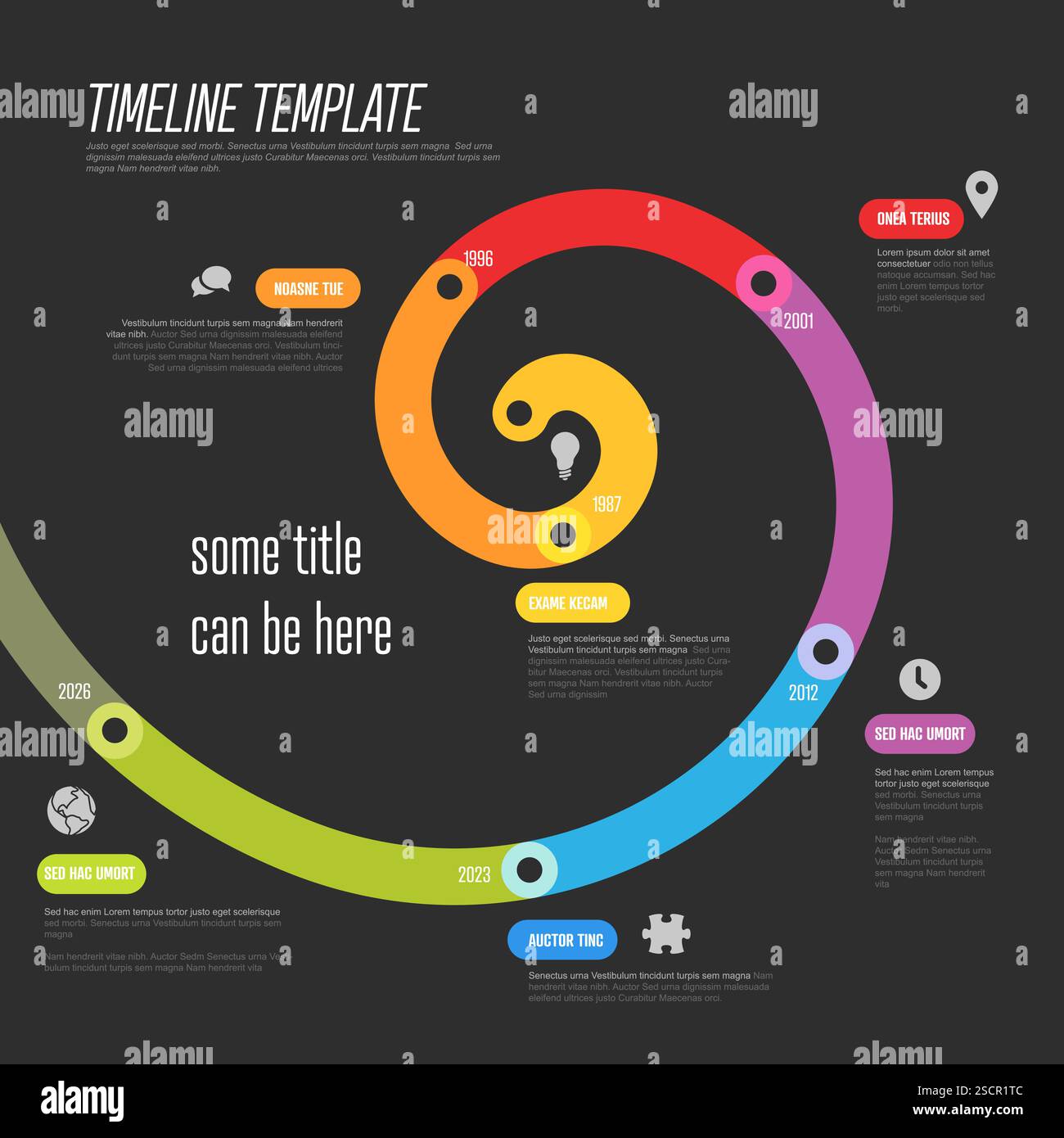 Eine lebendige dunkle, spiralförmige Zeitleiste, die wichtige Ereignisse in chronologischer Reihenfolge anzeigt. Jeder Abschnitt ist farbcodiert und enthält Platz für Text, ideal f Stock Vektor