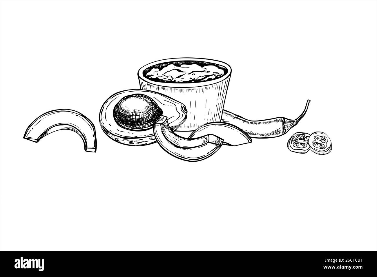Avocado, Chili Pfeffer, Jalapeno und Guacamole Dip in Schüssel Vektor Illustration. Gemüsezutaten für traditionelle mexikanische Sauce Line Art schwarze Tinte Stock Vektor