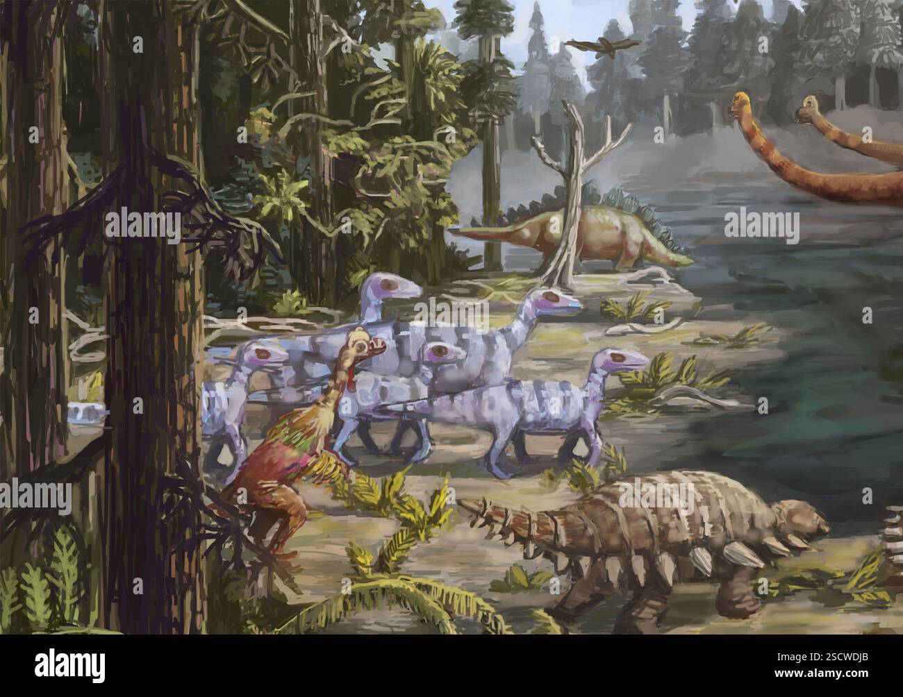 Die Jurazeit dauerte von 201,3 Millionen bis 145 Millionen Jahren und ist die zweite Periode des Mesozoikums nach der Triaszeit (vor 251,9 Millionen bis 201,3 Millionen Jahren) und vor der Kreidezeit (vor 145 Millionen bis 66 Millionen Jahren). Einige Dinosaurier des Jura könnten Federn gehabt haben, wie die Chirostenoten hier. Stockfoto