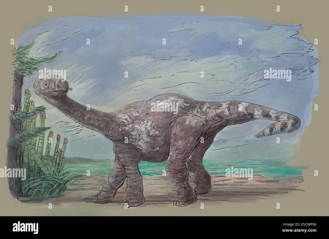 Isanosaurus oder „Nordost-Thailand-Eidechse“ ist eine Gattung von Sauropoden-Dinosaurier. Obwohl es noch diskutiert wird, wurde der Isanosaurus ursprünglich vor 210 Millionen Jahren in der späten Trias datiert, was ihn zu einem der ältesten bekannten Sauropoden macht. Sauropoden waren vierbeinige Dinosaurier, die sich durch ihren langen Hals, kleine Köpfe und lange Geschichten auszeichneten. Isanosaurus war ein Pflanzenfresser mit einer Länge von etwa 6,5 Metern. Stockfoto