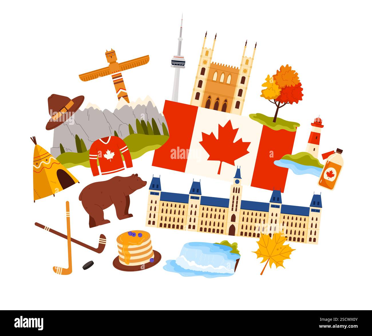 Reise nach Kanada Set, nationale Wahrzeichen und Landschaftsziele, Kultur- und Sportelemente Komposition. Kanadische Flagge und Parlamentsgebäude, Ahornsirup und Pfannkuchen Karikaturvektor Illustration Stock Vektor