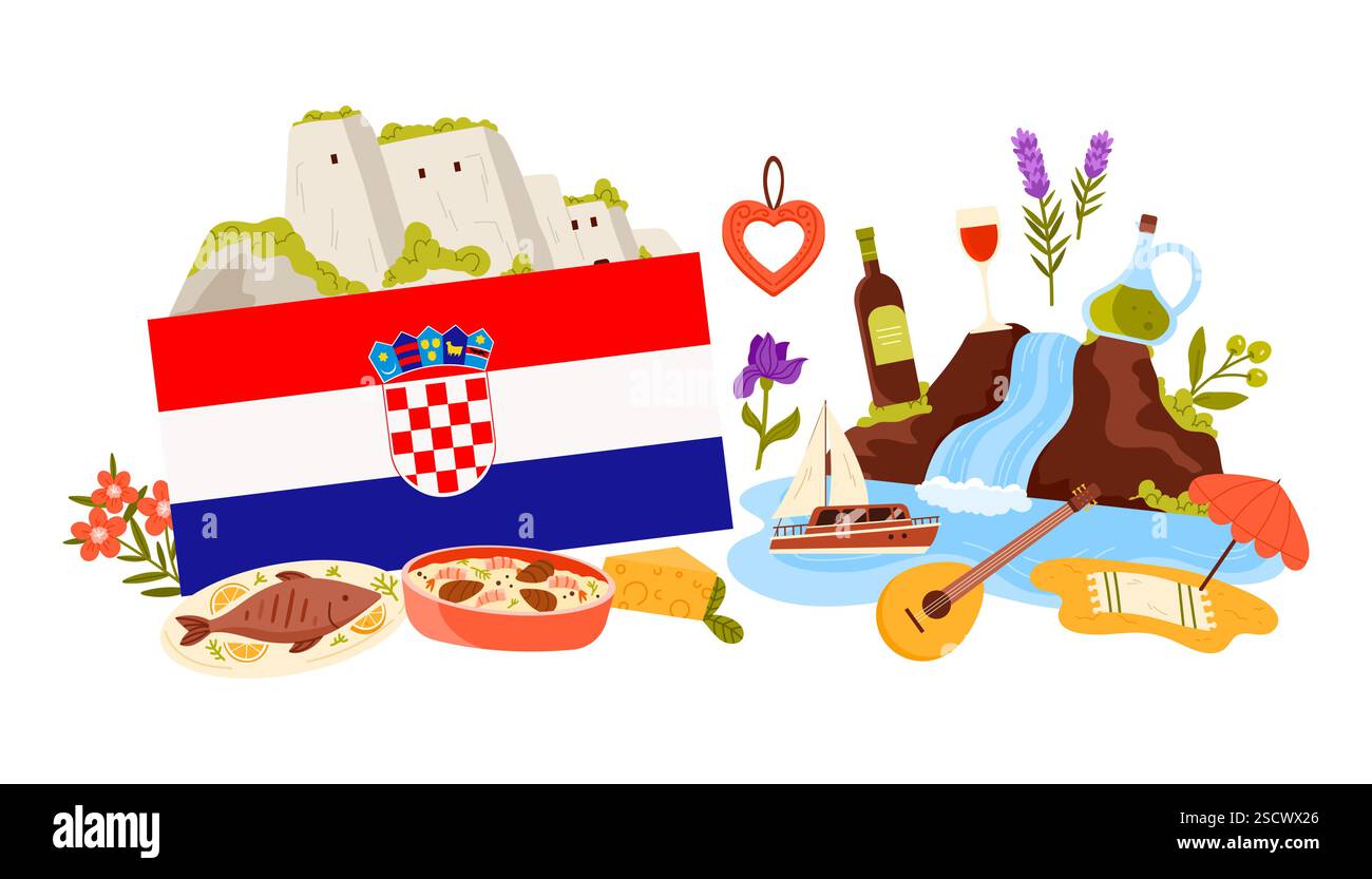 Reisen Sie nach Kroatien, traditionelle kroatische Kultursymbole, Sehenswürdigkeiten und Speisen, Natur in Infografik-Collage-Banner. Flagge des Landes und Krka National Park Wasserfall, Boot Cartoon Vektor Illustration Stock Vektor