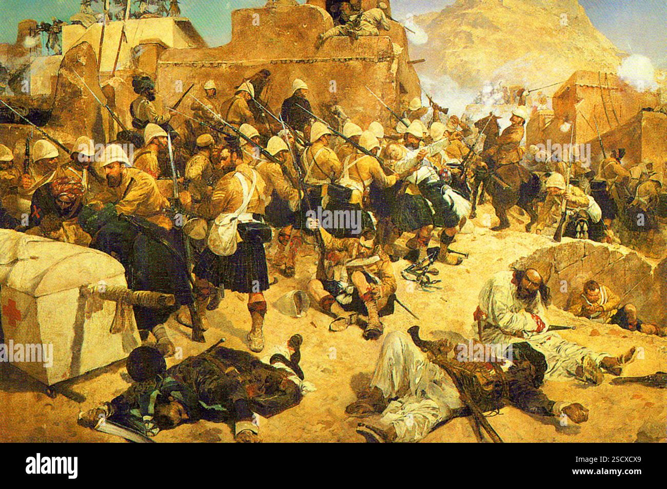 Die 92. Highlanders stürmten Gundi Mulla Sahibdad während der Schlacht von Kandahar 1880 während des Zweiten Anglo-Afghanischen Krieges. Dies war die entscheidende Schlacht im Konflikt, bei der der afghanische Führer seine gesamte Artillerie und Munition verlor und rund 1000 Mann getötet wurden. Stockfoto