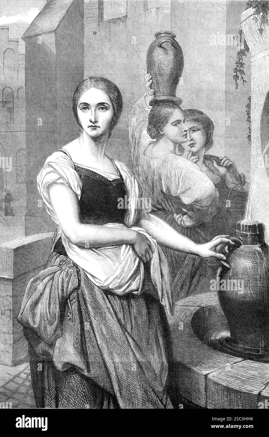 Margaret at the Fountain von Ary Scheffer aus Sir Richard Wallace's Loan Collection, 1872. "...eine bekannte Szene in Goethes Faust." Die arme Gretchen (also Margaret) trifft einige Zeit nach ihrer Verführung Lieschen, ein anderes Mädchen ihrer Bekannten, am öffentlichen Brunnen... Lieschen fragt, ob sie die beschämende Nachricht über ihren ehemaligen Gefährten Barbelchen gehört hat, der in einer Lücke von weiblicher Tugend entdeckt wurde... „das kommt aus ihrem Stolz und ihrem Müßiggang, dem eitlen, festgeklemmten Ding! Als wir gezwungen waren, hart an der Arbeit zu bleiben, schlenderte sie mich Stockfoto