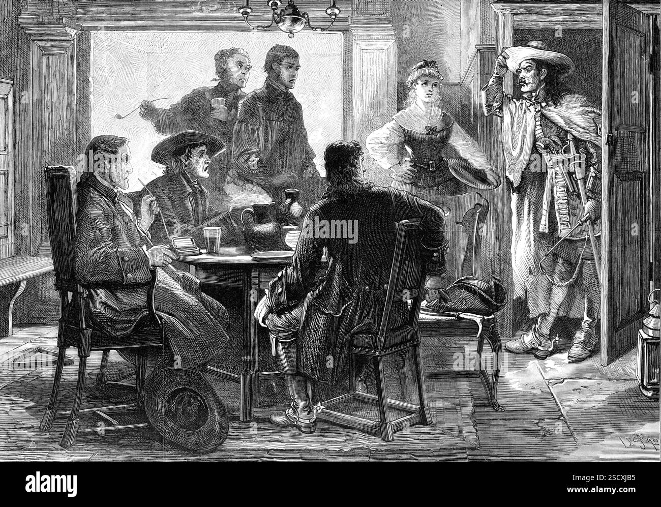 Der unwillkommene Gast, gezeichnet von J. A. Pasquier, 1872. "In der Szene, halb humorvoll, halb ernst, der alten englischen Sozialgeschichte, die Mr. Pasquier uns vorgestellt hat, erkennen wir eines dieser unangenehmen Abenteuer, die in den Chroniken von hundertfünfzig oder zweihundert Jahren erwähnt wurden, die den unsicheren Zustand vieler Teile des Landes zeigen, weil es keine effiziente Polizei gibt... die meisten Abenteuer... sollen außerhalb von Türen stattgefunden haben... in einer Entfernung von menschlichen Lebensräumen. Aber auch die Kriminalstatistiken Großbritanniens, wenn sie in diesem Alter korrekt erfasst worden wären, würden es tun Stockfoto