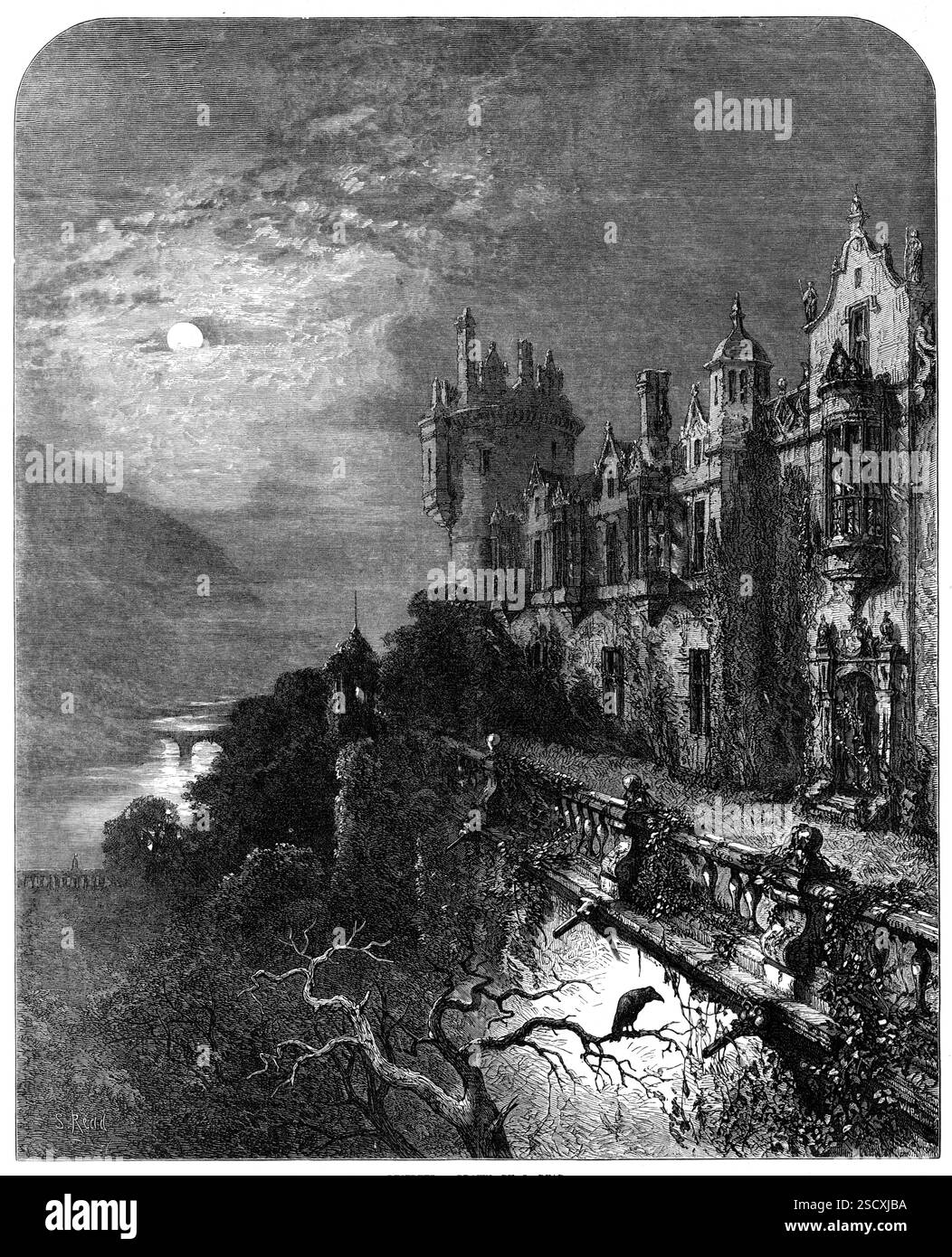 Verlassen, gezeichnet von S. Read, 1872. Illustration zu einer Kurzgeschichte von S. B. „Ich bitte Sie, sich der Gravur mit dem obigen Titel zu widmen und sie gut zu untersuchen, wenn sie nicht schon dazu geführt hat. Seien Sie so freundlich, die Szene zu beherrschen. Beachten Sie die völlige Verzicht auf dieses herrliche Herrenhaus, den melancholischen, grasbewachsenen Terrassenweg, den Fluss weit unten, die ferne Brücke, die niemand mehr überquert. Das einzige Leben ist, dass im alten Raben, der sich so sicher weiß, dass er seine Freizeit nutzen kann, um neugierig das verfallene Steinwerk zu inspizieren. Sie werden die Kunst kaum lesen müssen Stockfoto