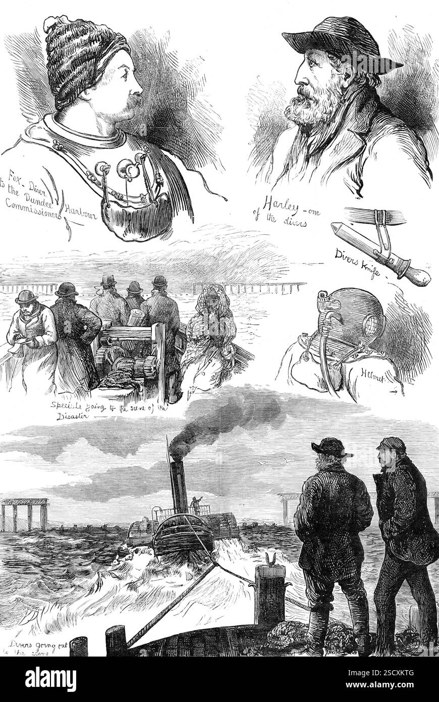 Skizzen der Tay-Brücke-Katastrophe, von unseren besonderen Künstlern, 1880. "Illustrationen der schrecklichen Katastrophe, die sich am Sonntagabend, dem 28. Dezember (1879), ereignete, durch den Fall der hohen und schlanken Eisenbahnbrücke, mit einem vorbeifahrenden Zug, an der Mündung des Tay direkt unterhalb von Dundee. Der Verlust von Menschenleben wird jetzt mit 75 gerechnet, nicht eine Person im Zug hat die geringste Chance zu entkommen...Fox - Taucher zu den Dundee Harbour Commissioners; Harley - einer der Taucher; Tauchermesser; Specials, die zum Schauplatz der Katastrophe gehen; Helm; Taucher, die zum Schauplatz gehen...zwei unserer Special Stockfoto