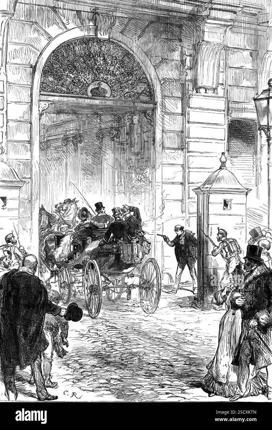 Der Versuch, den König von Spanien in Madrid zu erschießen, 1880. "...der dumme und böse Akt eines ignoranten jungen Mannes, Francis Otero, der sich Gonzalez nennt, ein Kellner in einem Konditorgeschäft... Otero, der erst 19 Jahre alt ist... scheint mit keiner politischen Fraktion in Verbindung zu sein, aber... verlor seine Arbeit und dachte, er begehen Selbstmord... er bekam eine Pistole, und... damit beging er diese mutwillige Empörung, glücklicherweise nicht tödlich für seine Majestät Alfonso XII. der junge König fuhr... wie er es sehr häufig tut, ein Postphaeton und ein Paar, mit der Königin auf seiner linken Hand und zwei Bräutigamen hinter sich Stockfoto