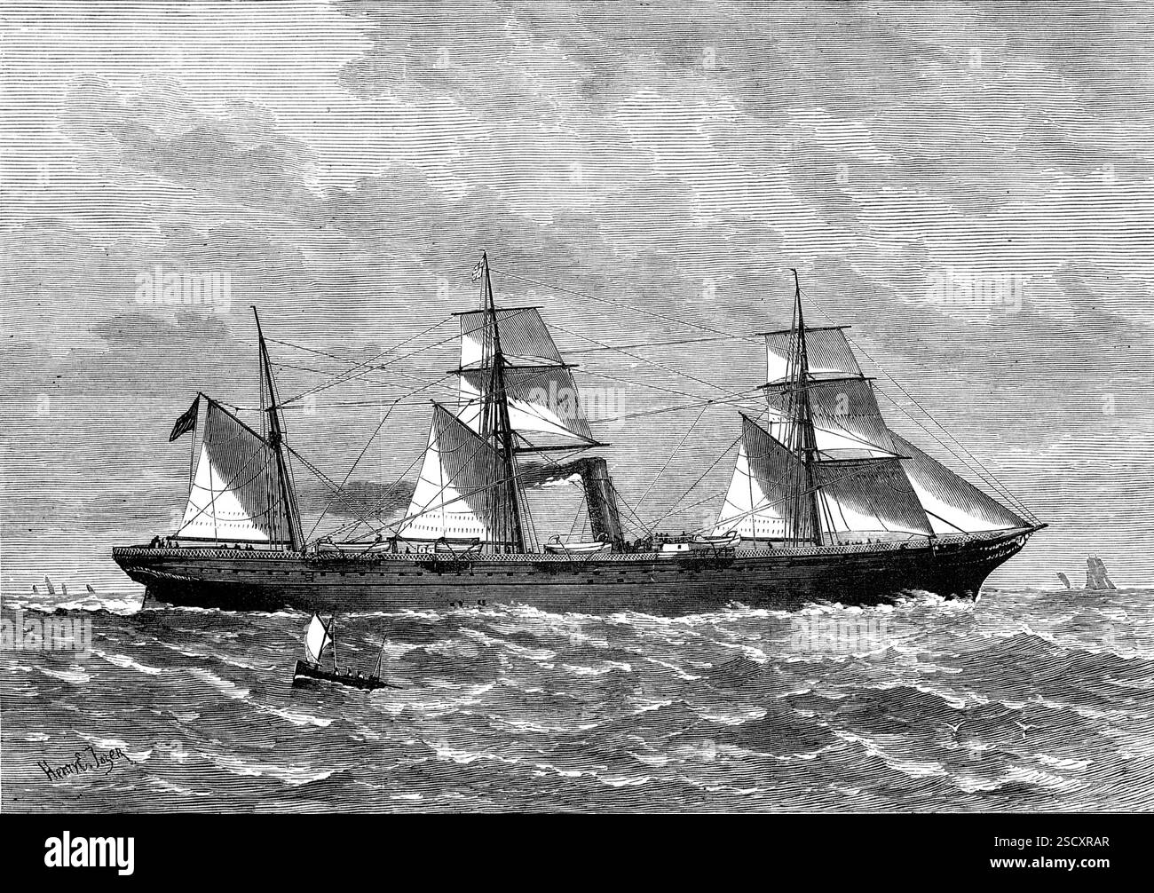 Der Orient Line Dampfer Chimborazo in a Oral, 1880. "Dieses prächtige Schiff, eines der neuen "Orient Line", das Passagiere und Post von London nach Adelaide und Melbourne beförderte... wurde am 9. Februar von einer Sturmwelle beim Verlassen des Ärmelkanals schwer getroffen. Es verursachte einige Verluste an Menschenleben und so viele Schäden an den Ausrüstungen des Schiffes, dass sie gezwungen war, ihre Reise zurückzuschieben und zu verzögern... das Schiff kehrte nach Plymouth zurück und landete ihre Passagiere; dann kam sie zum Hafen von London und wurde für einige notwendige Reparaturen an der Dockingstation untergebracht. Diese wurden rasch von den Arbeitern der MES umgesetzt Stockfoto