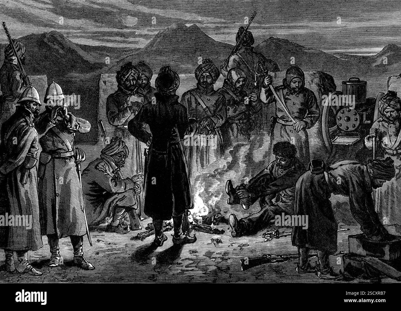 Der afghanische Krieg: Verteidigung der britischen Position in Sherpore, Cabul – die Gatling-Gun-Bastion am 23. Dezember 1880, die sich darauf vorbereitete, den Angriff der Ghazies abzuwehren. "Die Abwehr des gewaltigen Angriffs der Ghazis oder Mussulman-Fanatiker Afghanistans am 23. Dezember auf das britische Festungslager Sherpore, etwas außerhalb der Stadt Cabul, wurde in diesem Journal nur kurz erzählt... unter den während des Feldzugs gebeutelten Waffen befand sich eine komplette Batterie von Belagerungswaffen, die Shere Ali vor einigen Jahren von der britischen Regierung präsentiert wurden... große Körper von [afghanischen] Männern, ermutigend Stockfoto
