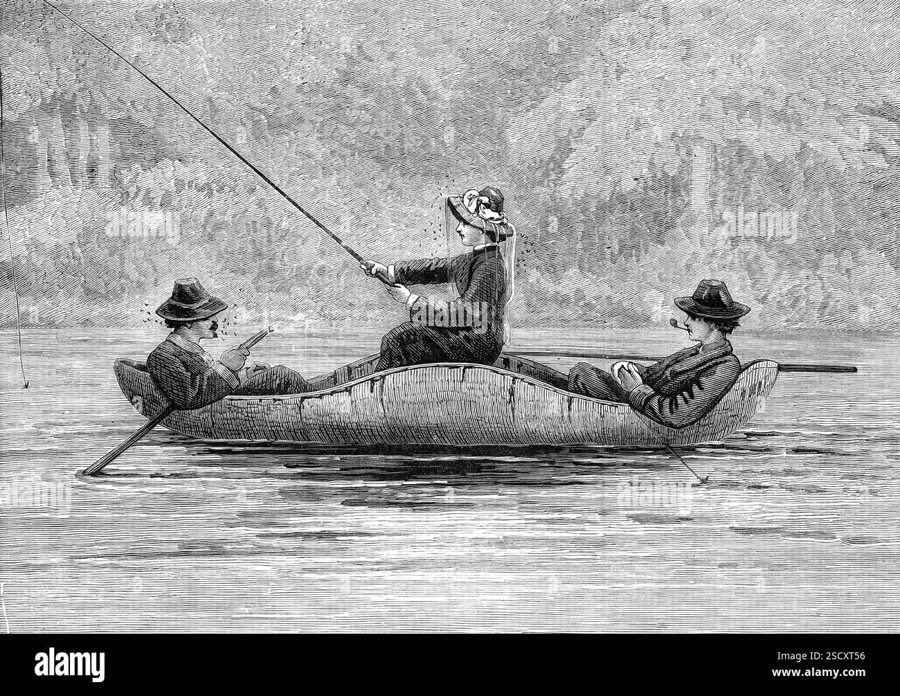 Fishing on the Ristigouche, in Kanada - Zeichnung von Prinzessin Louise in der Ausstellung der Society of Painters in Water Colours, 1880. „In unserer Bekanntmachung über die Winterausstellung der Old Water Colour Society haben wir die angenehmen und raffinierten Skizzen beschrieben, in denen Prinzessin Louise, die sich selbst relativ zu den hohen professionellen Standards der Pall Mall East hält, einige der Szenen aufzeichnet, die sie während ihres Aufenthalts in Kanada gesehen hat...[unsere Abbildung zeigt] Angeln auf der Ristigouche; das piskatoriale Vergnügen mit einem ernsthaften Nachteil - Mücken - die ihre Königliche Hoheit hatte, durch Pictori Stockfoto