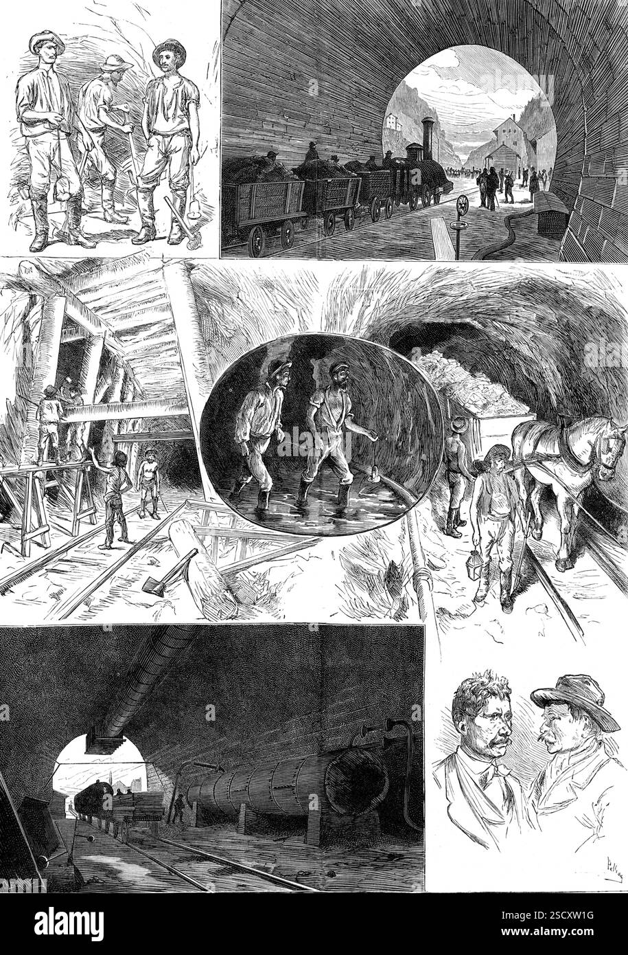 Skizzen im St. Gothard Tunnel, 1880. „Die...Ansicht des Tunneleingangs, ist bei Göschenen am nördlichen Ende aufgenommen. Die Porträts von Neccaraviglia und Chisso, die das letzte Loch von gegenüberliegenden Seiten durchbohrt und gesprengt haben, sind in den anderen Skizzen dargestellt... um die Trümmer aus dem inneren Teil des Betriebs zu den Teilen zu entfernen, die von der Lokomotive bedient werden, wurden Pferde eingesetzt... da die Temperatur im Tunnel etwa 100 Grad betrug. Fahr. Es war eine sehr tödliche Arbeit für die Pferde, im Durchschnitt sterben zehn pro Monat... in anderen Skizzen sehen wir geduldige, mutige und mühsame P Stockfoto