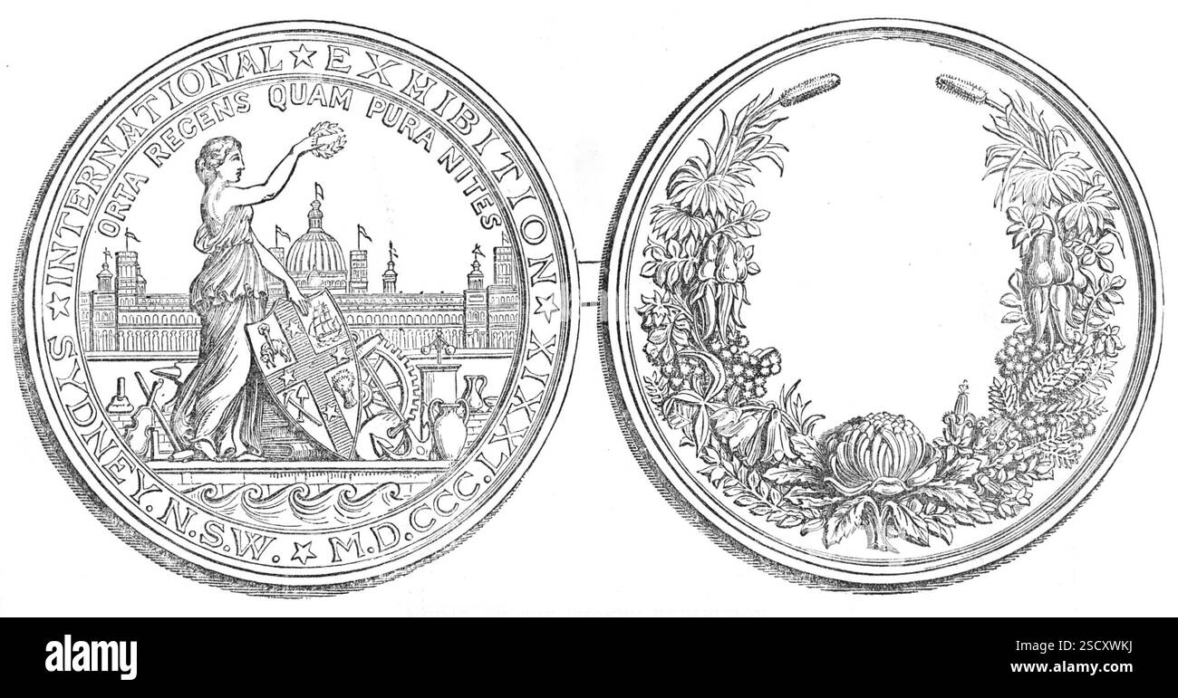 Medaille der Sydney-Ausstellung, 1880. „Das Design für die Gold-, Silber- und Bronzemedaillen, die den erfolgreichen Ausstellern auf der Sydney International Exhibition verliehen wurden, wurde ursprünglich in Sydney vorbereitet, und eine Prämie dafür wurde von den Ausstellungs-Kommissaren dort vergeben. Aber als es nach London kam, um die Matrizen anzuschlagen, musste das Design geändert und vereinfacht werden, unter dem Rat der Herren J. S. und A. B. Wyon, von denen die Matrizen in zwei verschiedenen Größen hergestellt wurden - nämlich 3 Zoll. Durchmesser für Bronze und 2 Zoll Gold und Silber. Unsere Abbildung zeigt das Design wie ausgeführt. Ein Stockfoto
