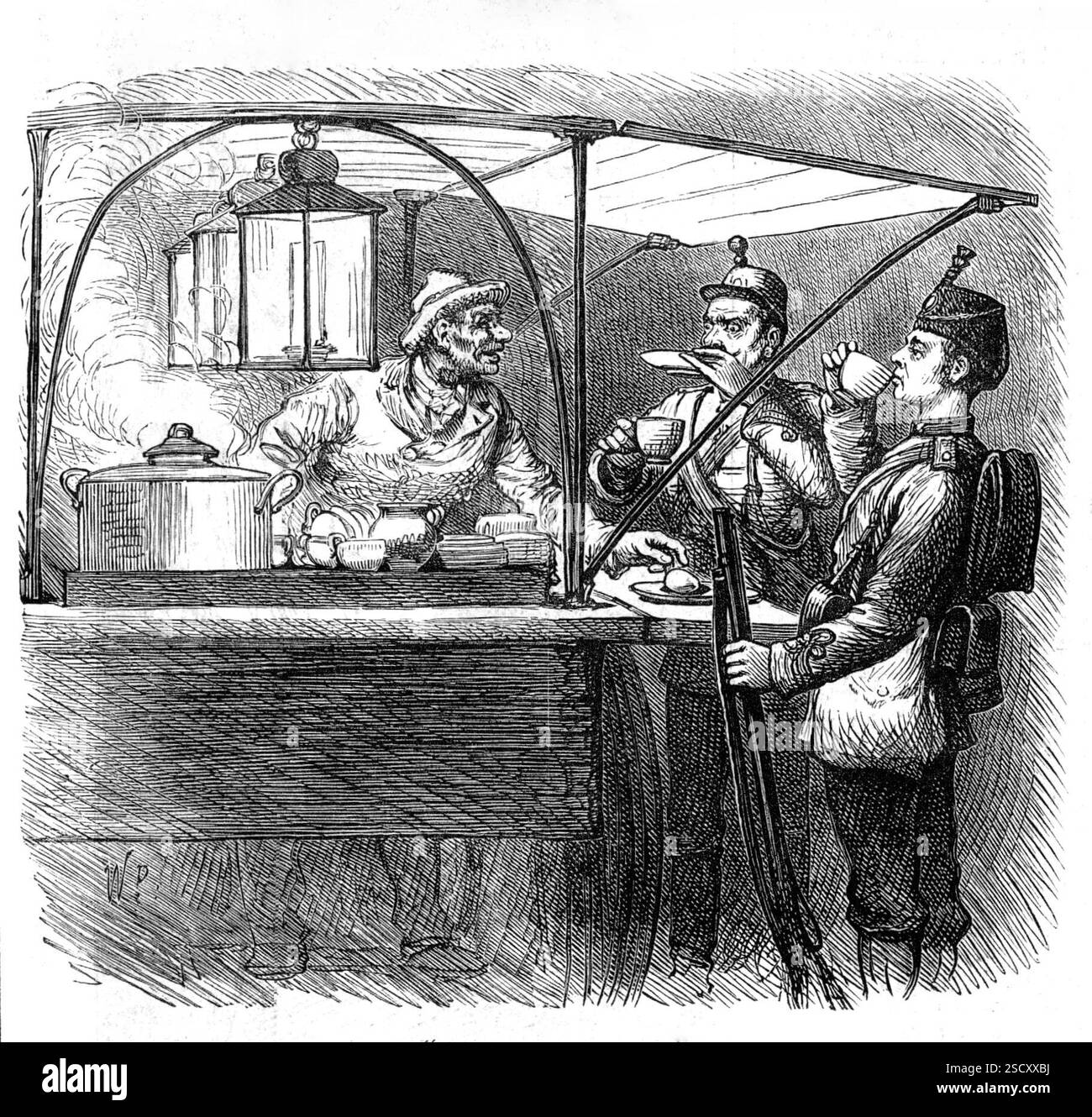 Skizzen im Brighton Theatre of war: Coffee for Two, 1880. "Der Kaffeestall, an dem er und sein Kamerad ihr voreiliges Frühstück schnappen müssen, ist ein weiterer Vorteil, auf den man sich in der Nähe einer freundlichen Stadt wie Brighton verlassen kann, wenn auch nicht genau an die Erfahrungen einer tatsächlichen Kampagne in allen Teilen der Welt angepasst werden kann." Aus Illustrated London News, 1880. Stockfoto