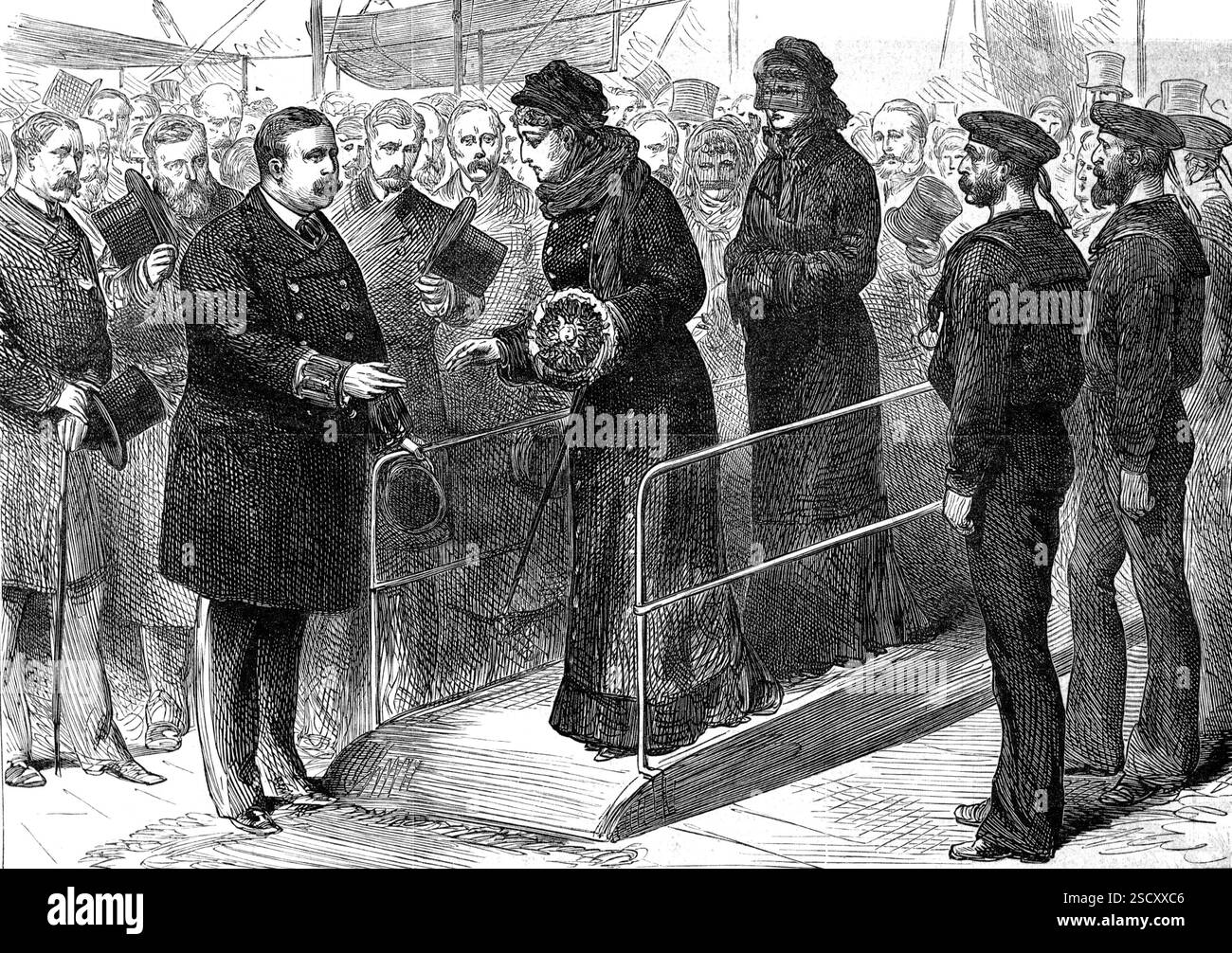 Abreise der Kaiserin EUGénie nach Zululand, 1880. Die Kaiserin Eugenie reiste am Donnerstag, dem 25. März, zu ihrer melancholischen Mission nach Zululand, um den Ort zu besuchen, an dem der junge Fürst Imperial am 1. Juni letzten Jahres vorzeitig starb. (At) Southampton... ein spezieller Dampftender lügte, um die Empress und die Suite zum Dampfschiff der Union Company German zu bringen, kommandiert von Captain C. D. Coxwell... unsere Abbildung zeigt, wie Captain Coxwell die Empress an Bord seines Schiffes empfängt, das ihre Liegeplätze im Fluss gegen drei Uhr verließ. Die Kaiserin reist Stockfoto