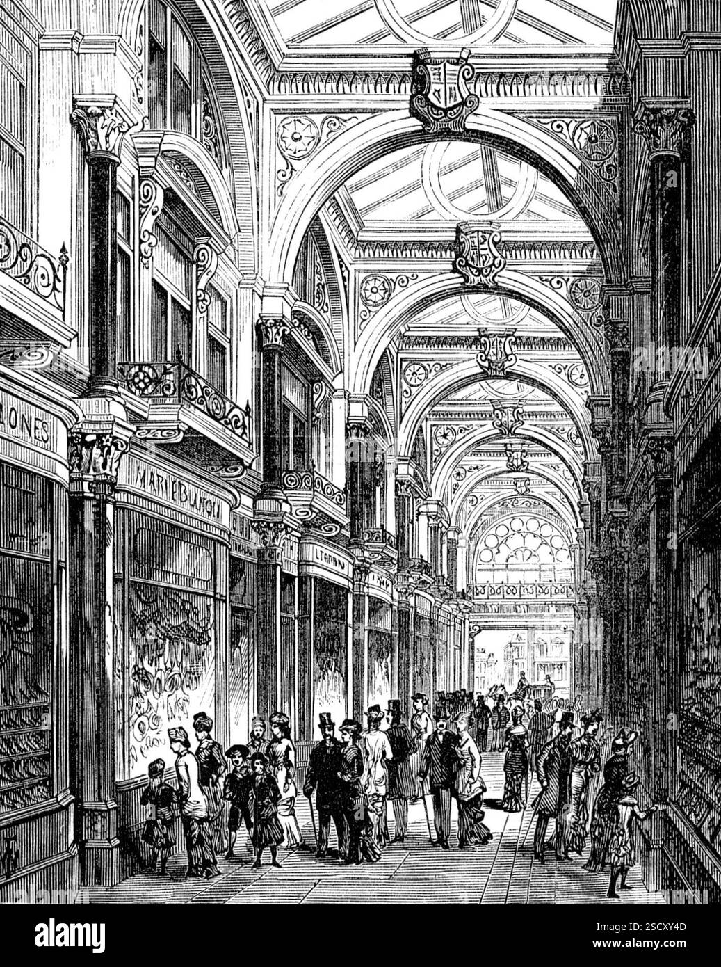 Neue Arkade, Old Bond Street, [London]: Innenraum, 1880. „Eine Arkade ist eines der schönsten und bequemsten Elemente in den Gebäuden einer Stadt, und der Schutz, den sie vor Regen und Hitze bietet, ist ein großer Komfort... imposanter und dekorativer als jede der bestehenden Arkaden wird die neue Arkade in der Old Bond Street sein, die in Kürze für die Öffentlichkeit geöffnet wird. Sie führt von etwas tiefer als Burlington-Gärten durch die Albemarle-Straße. Der allgemeine Stil ist der der französischen Renaissance. Das Innere ist sehr imposant, mit zehn Buchten, und in seiner Breite entspricht es der Burlington Arcad Stockfoto