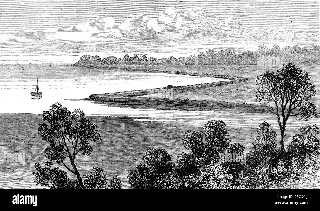 Landrückgewinnung in Brading Haven, Isle of Wight, 1880. "...ein Blick auf den Eingang zu Brading Haven bei Niedrigwasser und einen Teil des neuen Dammes, der kürzlich gebaut wurde, um den Haven vom Meer zurückzuerobern. Es war bis vor kurzem ein großer Teil sumpfigen Bodens mit einem kühnen Einlass des Meeres, bei Hochwasser, der alle Ebenen zwischen Bembridge und St. Helen bedeckte, etwa 8-900 Hektar große Fläche wurden bei jeder Flut vom Meer überschwemmt...im April 1877 nahm die „Brading Haven Reclamation Company“ eine Ausschreibung von Herrn Frederick Seymour an... für den Bau eines Damms an Stockfoto