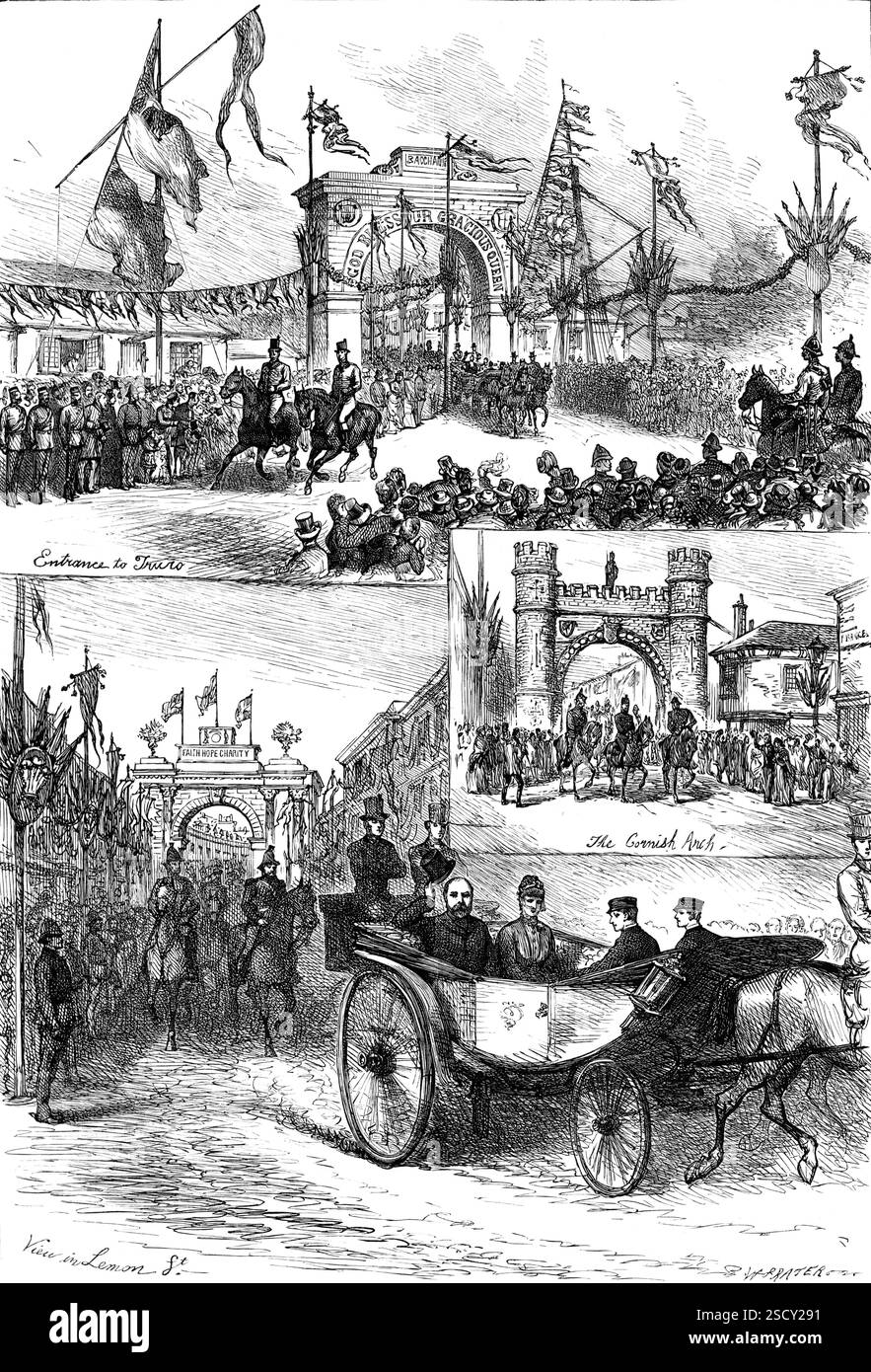Der königliche Besuch in Truro: Die Triumphbögen, 1880. Der Prinz und die Prinzessin von Wales besuchen Cornwall. „Eingang zu Truro; der Cornish Arch; Blick in Lemon St............. Die Triumphienbögen, die in Truro errichtet wurden... diese ornamentalen Strukturen wurden alle von Mr. Silvanus Trevail, Architekt, aus Truro, entworfen und vollständig unter seiner persönlichen Aufsicht gebaut. Die dekorativen Arbeiten wurden von T. Solomon und Co. Am selben Ort ausgeführt, und die heraldischen Arbeiten von den Herren Fouracre und Watouse. Von Stonehouse. Der Welcome Arch, der Freimaurerbogen, der Royal Arch, die Station Stockfoto