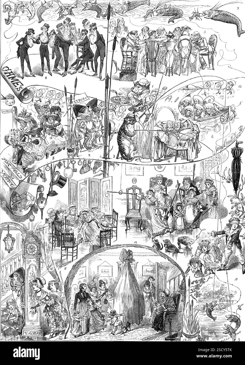Games for Old and Young, gezeichnet von George Cruikshank, 1880. Viktorianische Gesellschaftsspiele und Zunge Twisters. "1. Eine Ochsenaustern Zum Öffnen. 2. Zwei Toads, Die Total Müde Sind, Um Nach Tutbury Zu Traben. 3. Drei Dicke Tigers, Die Trout Klingeln. 4. Vier Fette Brüder, Die Ohnmächtige Fliegen Haben. 5. Fünf modische Frauen, die nach Frankreich fliegen. 6. Sechs Stumme Seeleute, Die Die Südsee Segeln. 7. Sieben Severn-Lachse, Die Garnelen Schlucken. 8. Acht Elegante Engländer Essen Aale. 9. Neun Flinke Adlige Knabbern Nonpareils. 10. Zehn Tinker Basteln An Tenpenny Tinder Boxen. 11. Die Toilette meiner Lady. 12. Turnier. Stockfoto