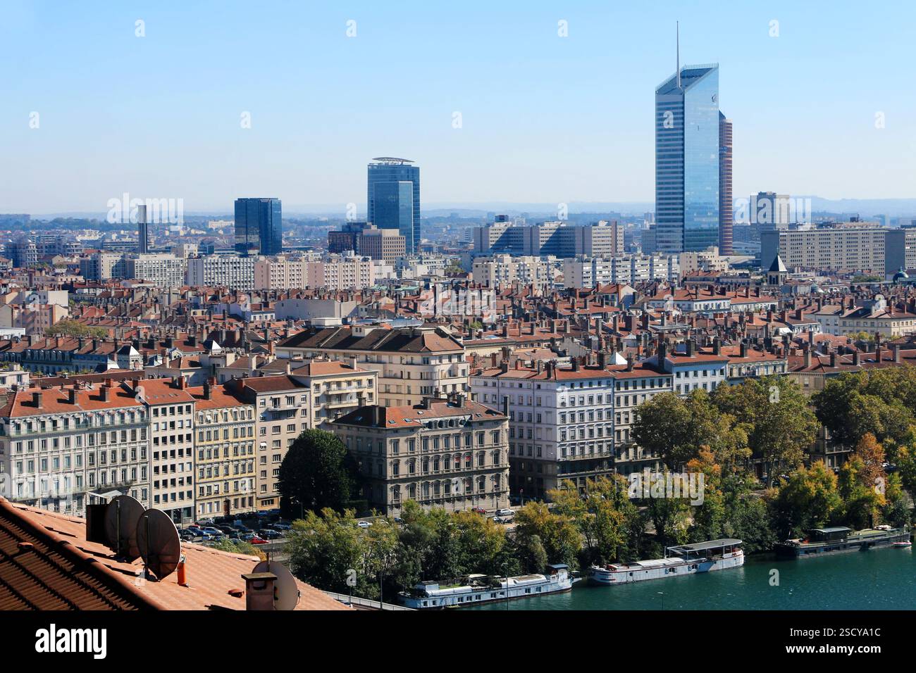 Vue aérienne de la ville de Lyon et du quartier de la Part Dieu. Stockfoto