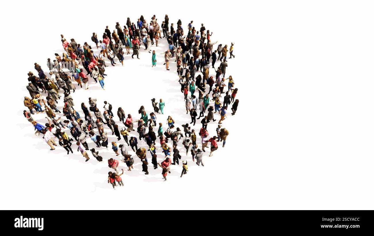 Konzept konzeptionelle große Gemeinschaft von Menschen bilden therecycle Zeichen. 3d-Illustration Metapher für Recycling, Abfallreduzierung, Konservierung und Schutz Stockfoto