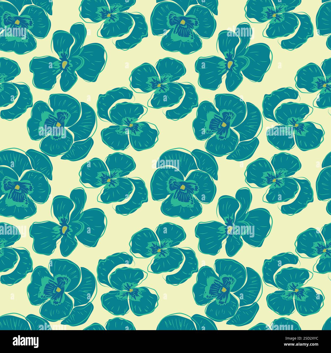Abstraktes Blumenmuster, Linienzeichnung, Teal-Töne, elegantes nahtloses Muster mit dekorativen Stiefmütterchen, abstrakte Stilelemente. Stock Vektor