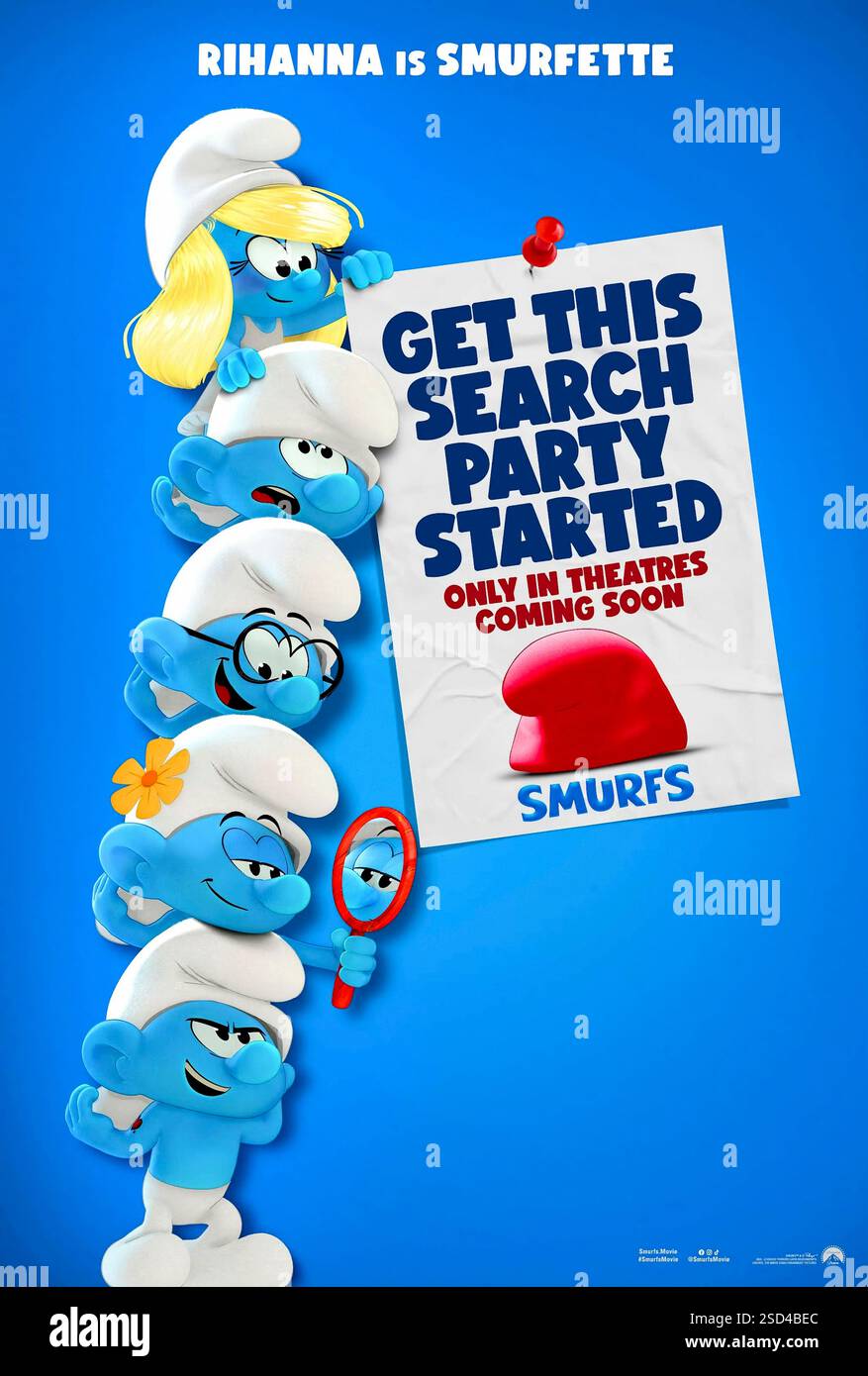 The Smurfs Movie (2025) von Chris Miller mit Rihanna, John Goodman und Kurt Russell. Als Papa Schlumpf von den bösen Zauberern Gargamel und Razamel entführt wird, führt Schlumpfette eine gewagte Rettungsmission in die Welt der Menschen, die musikalische Nummern mit einem Rennen gegen die Zeit verbindet, um ihren geliebten Anführer zu retten. US-Teaser-Poster NUR FÜR REDAKTIONELLE ZWECKE. Quelle: BFA / Paramount Pictures Stockfoto