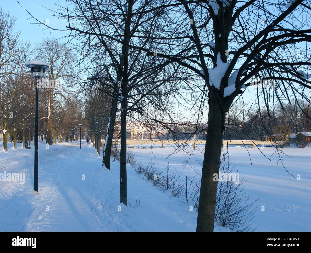 Altenburg, Deutschland: Winterlicher Blick entlang der Promenade am Großen Teich mit der Fußgängerbrücke zum berühmten kleinen Zoo auf der Insel Stockfoto
