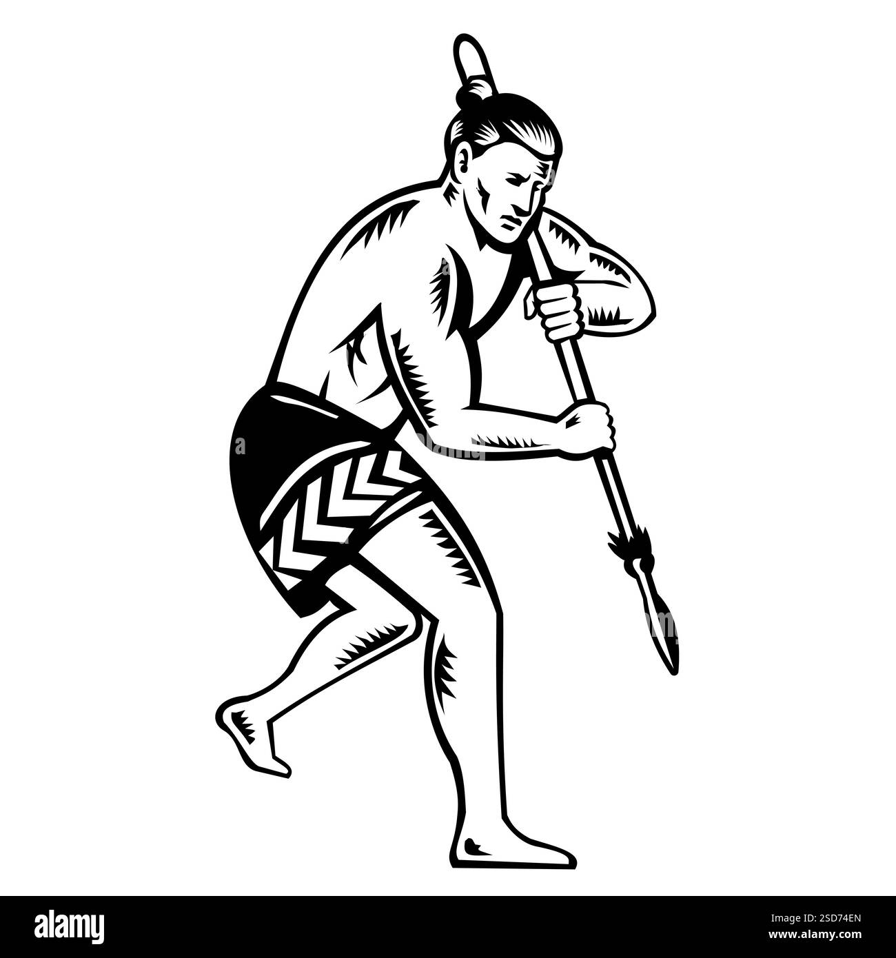 Retro-Holzschnitt-Illustration eines männlichen Maori mit Taiaha oder Kampfstab von der Seite gesehen auf isoliertem Hintergrund in Schwarz-weiß. Stock Vektor