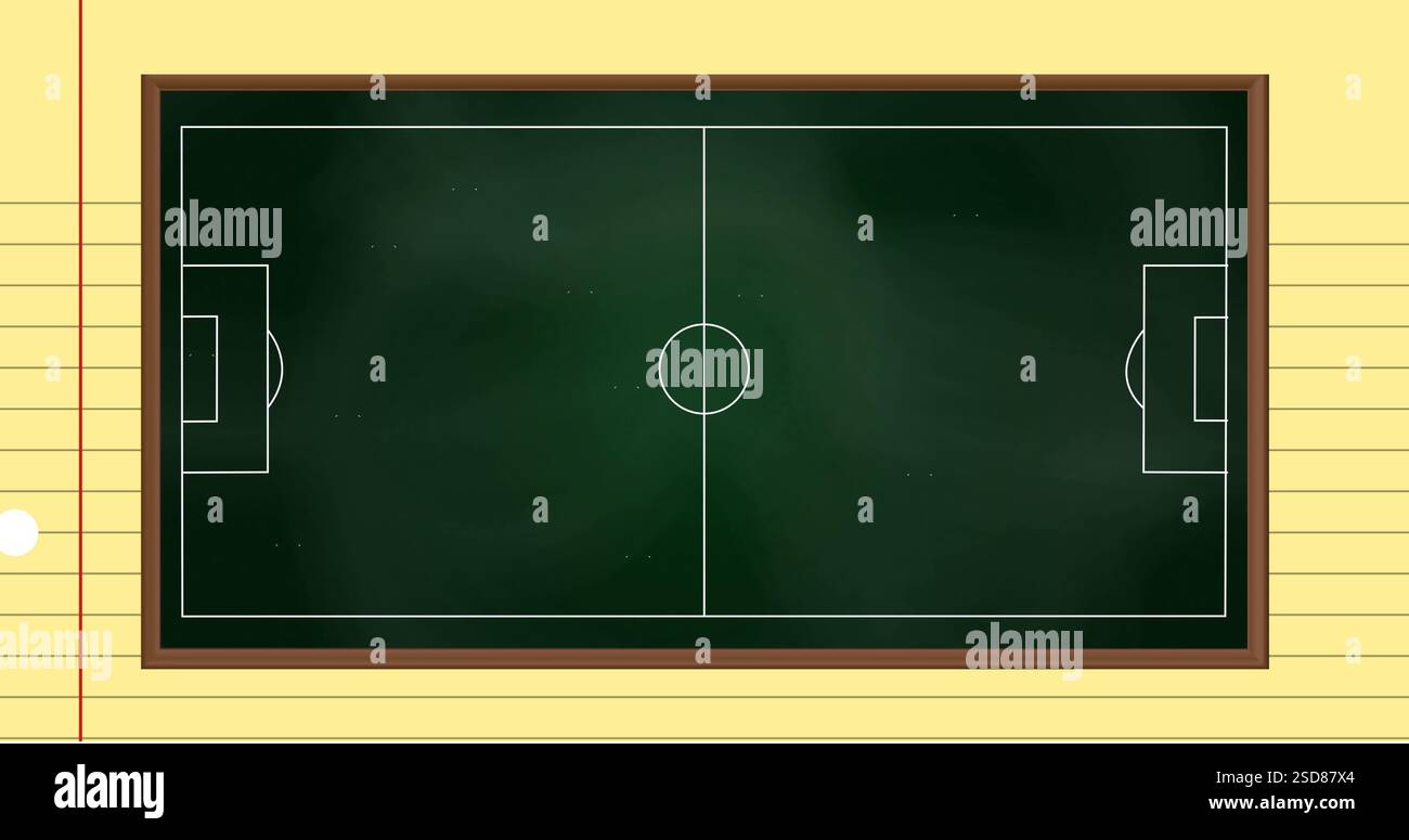Bild des Zeichens des Fußballfeldes auf Tafel, kreatives Design auf Notizbuchpapier Hintergrund Stockfoto