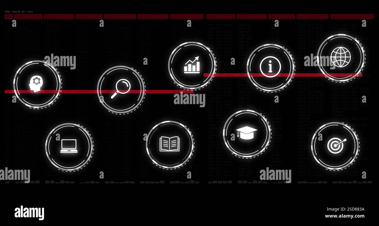 Symbole, die verschiedene Konzepte wie Bildung und Information, Datenverarbeitungsbild darstellen Stockfoto