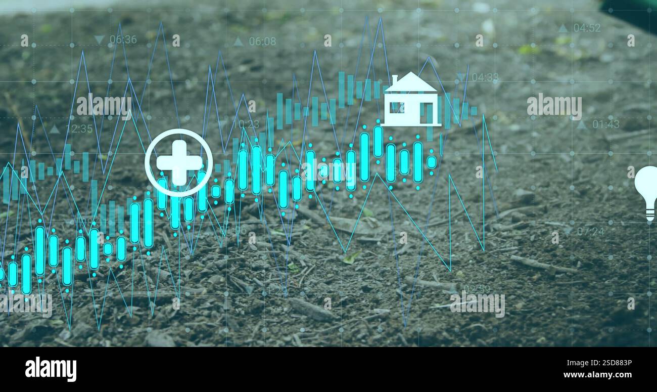 Finanzdaten und Gesundheitsbild über Bodenhintergrund mit Haussymbol Stockfoto